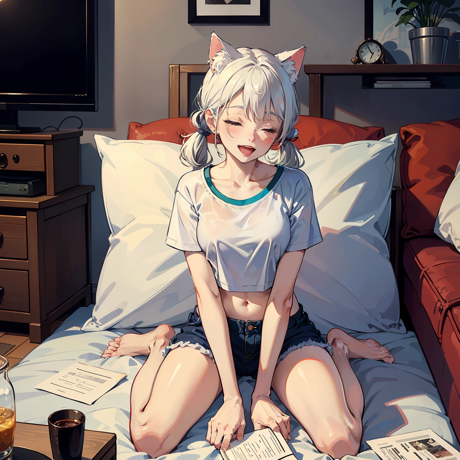 (masterpiece:1.2, best quality), (real picture, intricate details), 1girl,medium breasts,barefoot,(wariza hand between legs), open mouth, smile,closed eyes, messy room, book, pen,paper,depth of field,Sofa, bed,pillow,water dispenser,TV,socks, living room, table,(medium white hair, low twintails:1.2 ),looking at viewer, (white crop top:1.2),(cat ears),, masterpiece, best quality,