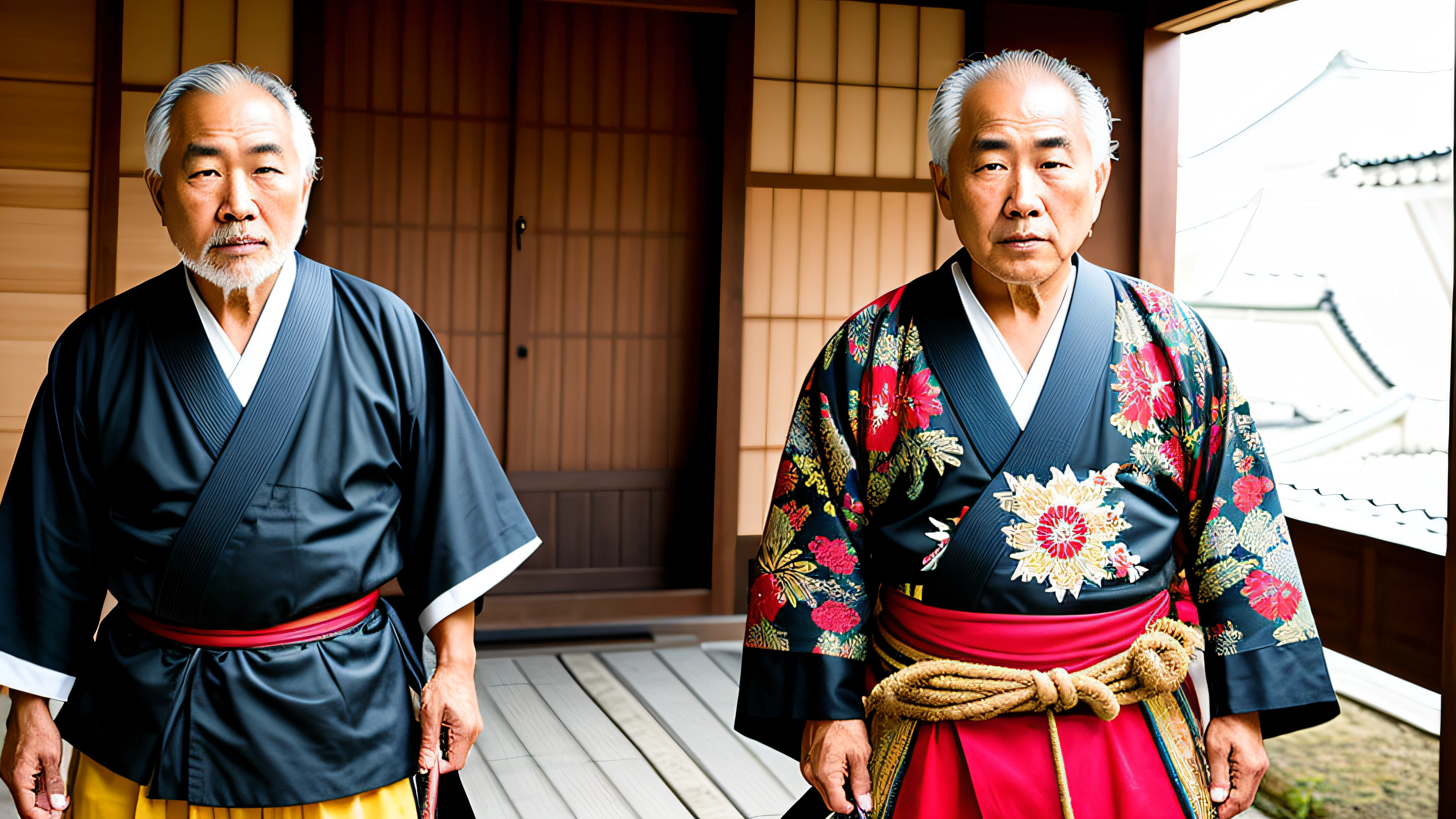 old japonese man [Fabricio], samurai guerreiro, solo, cabelos brancos, Japanese Edo period, pele enrugada, semblante pacifico, obra-prima, melhor qualidade, CG, HDR, alta qualidade, montanha ao fundo, BETTER HANDS, vestimenta tradicional japonesa