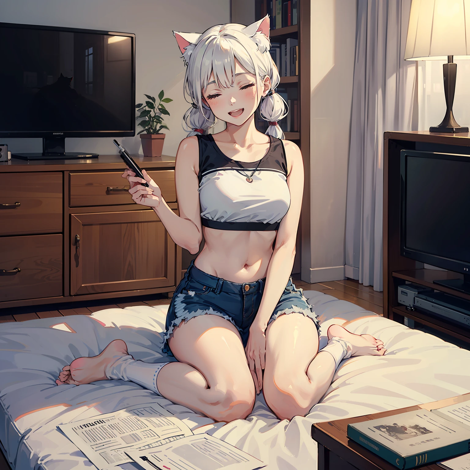 (masterpiece:1.2, best quality), (real picture, intricate details), 1girl,medium breasts,barefoot,(wariza hand between legs), open mouth, smile,closed eyes, messy room, book, pen,paper,depth of field,Sofa, bed,pillow,water dispenser,TV,socks, living room, table,(medium white hair, low twintails:1.2 ),looking at viewer, (white crop top:1.2),(cat ears),, masterpiece, best quality,