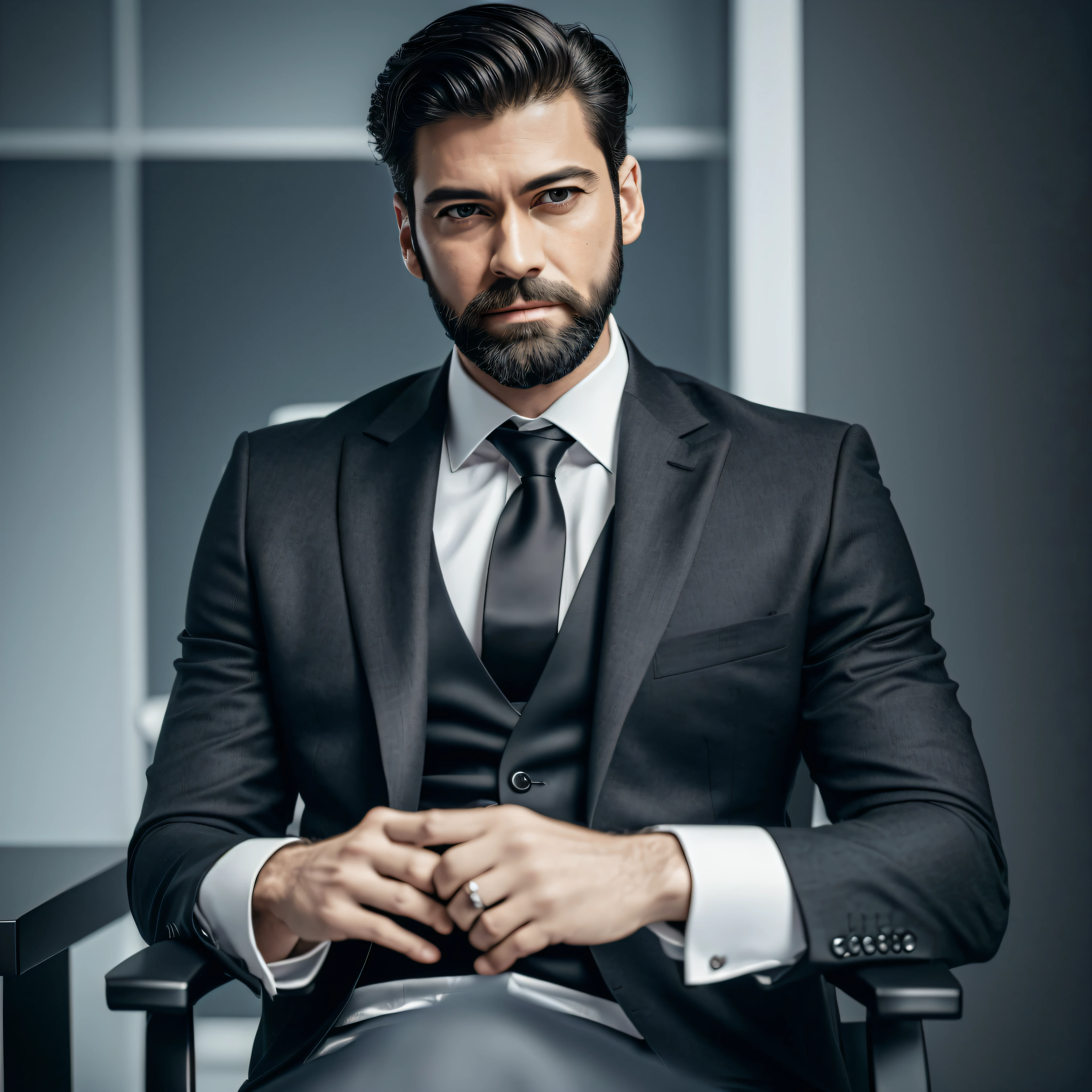 ((half body)) Photo RAW Ceo Man sitting in an office chair, wearing black suit, (Using Dark Beard) movie scene, (Impeccable) ,Serious and elegant man, , with thick male eyebrows, (with mysterious and serious face,) short dark hair, dark black background image, elegant, ( high quality and realistic image), ((Best Quality, 8k, Masterpiece) --auto --s2