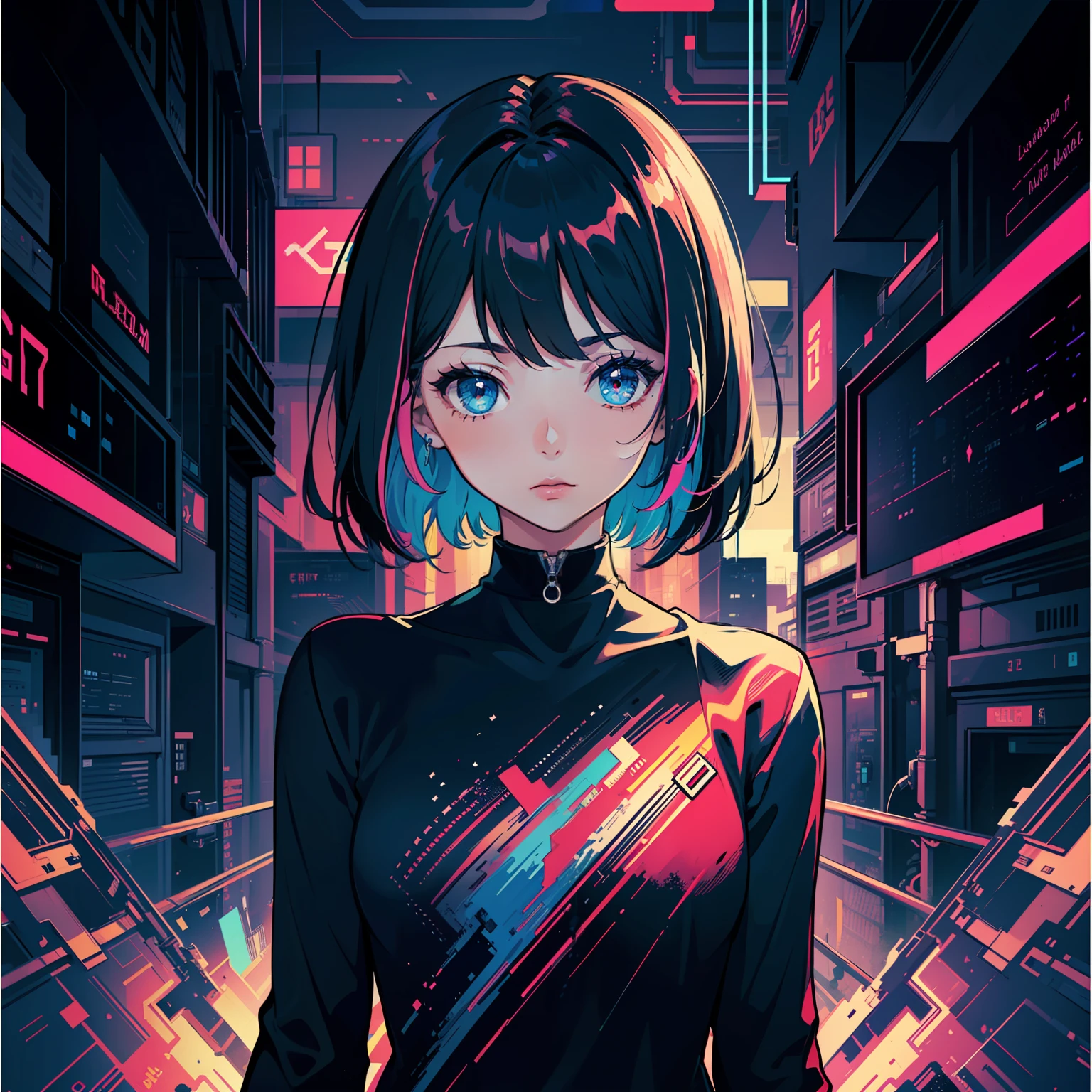 (masterpiece, top quality, best quality, official art, beautiful and aesthetic:1.2), (1girl:1.3), extreme detailed,colorful,highest detailed, glitch art, (digital distortion), pixelated fragments, data corruption,colorful noise, visual chaos,contemporary aesthetics
