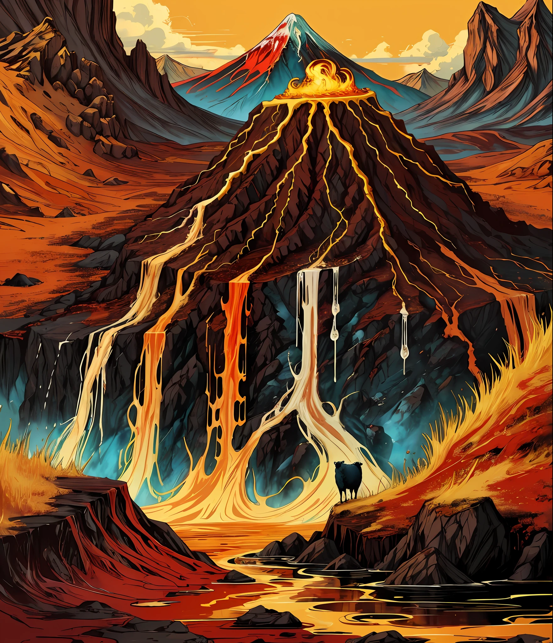 (in dripping art style) Sundeath, Legends claim the Red Mountain's first eruption not only gave brown sheep their current hue, but also imbued them with the fortitude to thrive despite hardship. Knowing their sheep remain placid while in danger, many Dark Elves believe these tales, dripping sun, dripping lava, Masterpiece, Best Quality