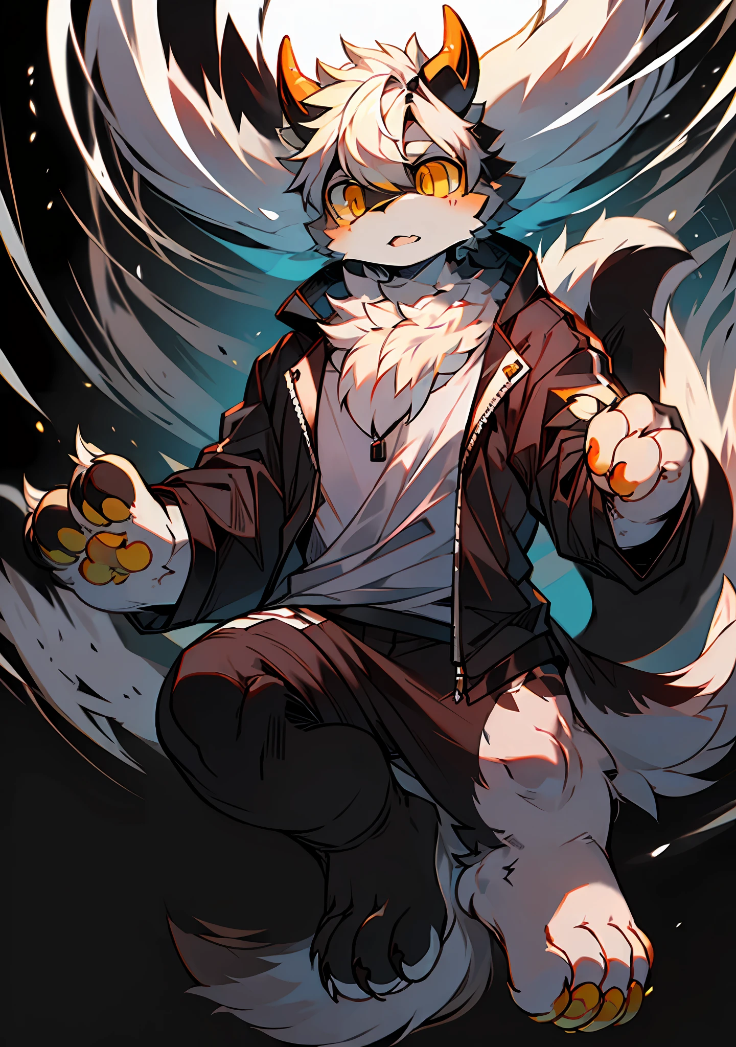 shaggy, shaggy male, malefocus, ,(Full Body Furry, Fluffy tail, Black and white fur, Yellow eyes, Yellow paws,White horns,with short white hair), (Killer whale appearance)