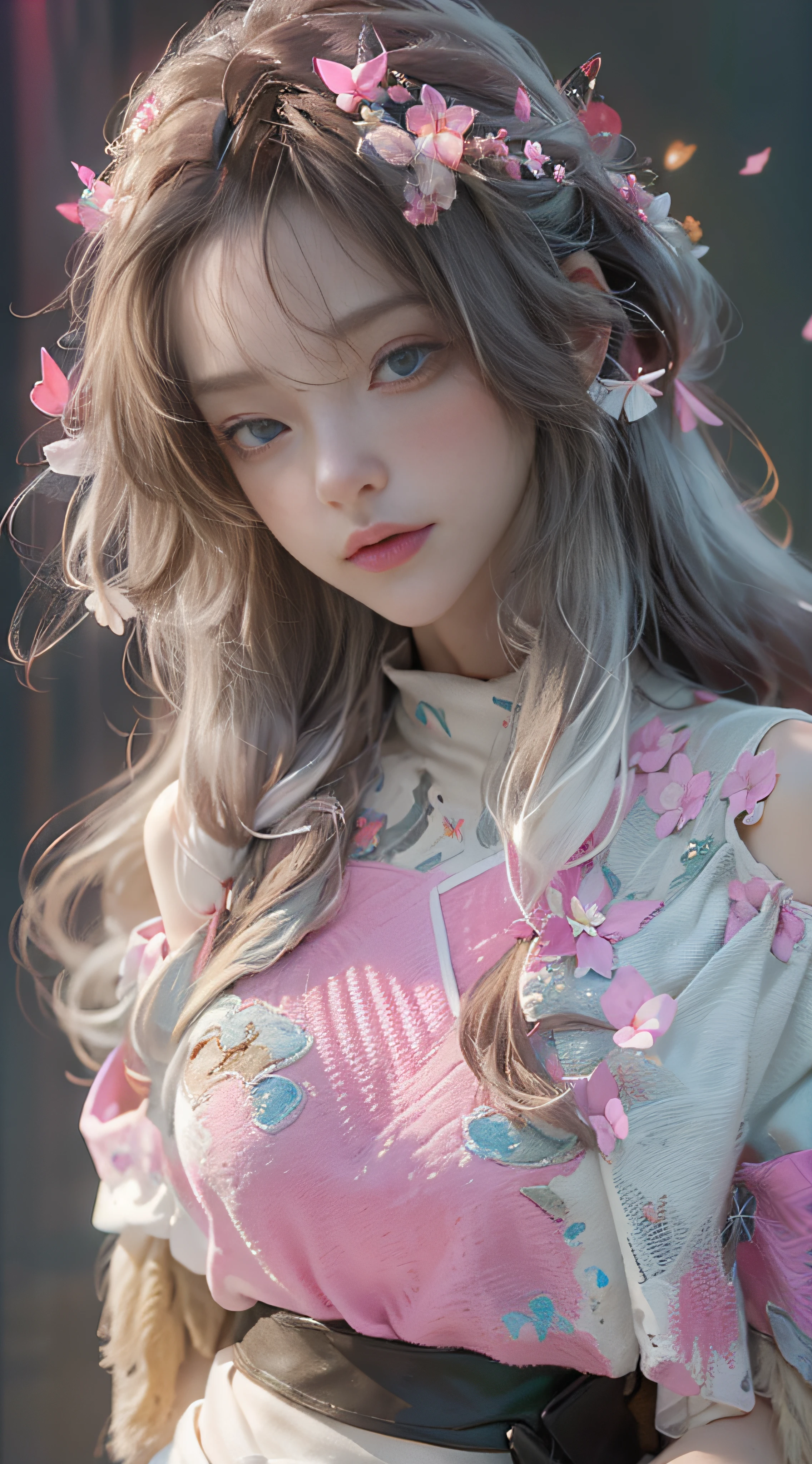 （（best qualtiy））， （（tmasterpiece））， （Detail：1.4）， 3D， Beautiful cyberpunk female images，hdr（HighDynamicRange），Ray traching，NVIDIA RTX，Hyper-Resolution，illusory 5，sub surface scattering，PBR textures，post-proces，Anisotropy Filtering，depth of fields，maximum definition and sharpness，Many-Layer Textures，Albedo e mapas Speculares，Surface Coloring，Mitsu-Accurate simulation of material interactions，perfectly proportioned，rendering by octane，Two-colored light，largeaperture，Low ISO，White balance，Rule three points、8K raw data、beautiful bright pupils，off-the-shoulder clothes，Fine pupils，Delicate face and eyes，long eyelasher，Blushlush，Delicate and fluffy hair，pink lip，Pure，cute big breasts，Sweet girl，Artistic sense，Casual wear，Advancedsense，butterflys，Cherry blossom petal，Beautiful hair accessories