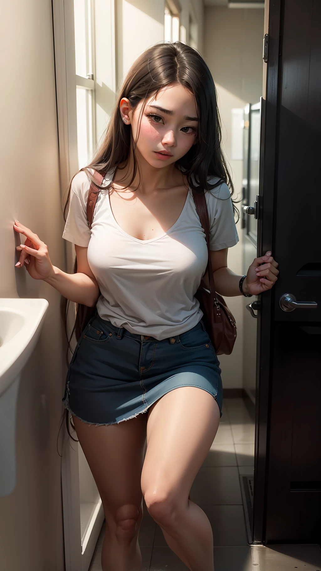 A transcendent pretty female student who is in agony alone in the men's room