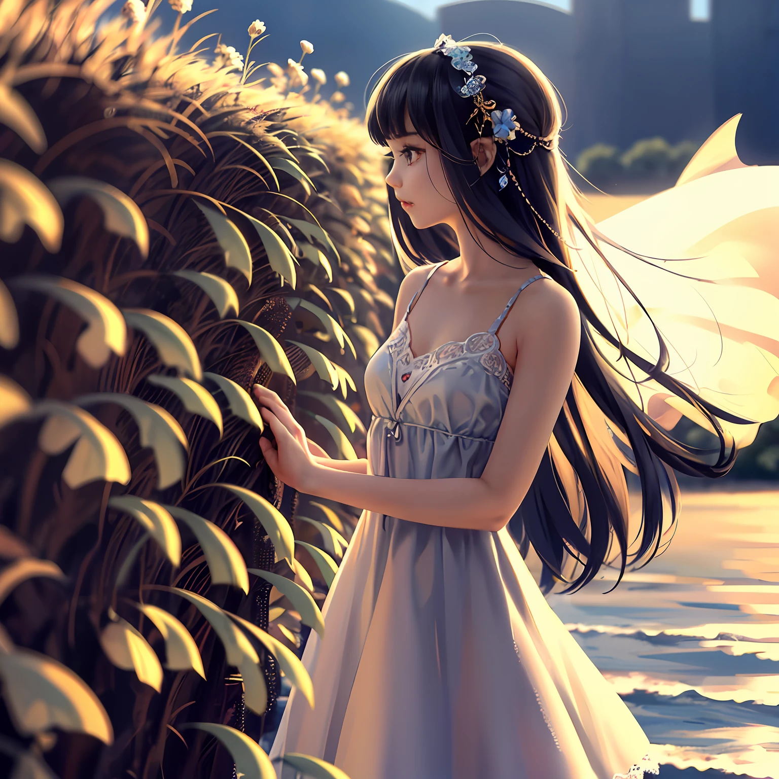 Half-Body shot,Sanrio style,WLOP Girl,17 years old,summer dress,lace hair ornament,concept art,
simple background,beautiful big eyes,long lash,cute act,blur summer,insanely detailed,
wind-effect,smooth,side view,masterpiece, --auto