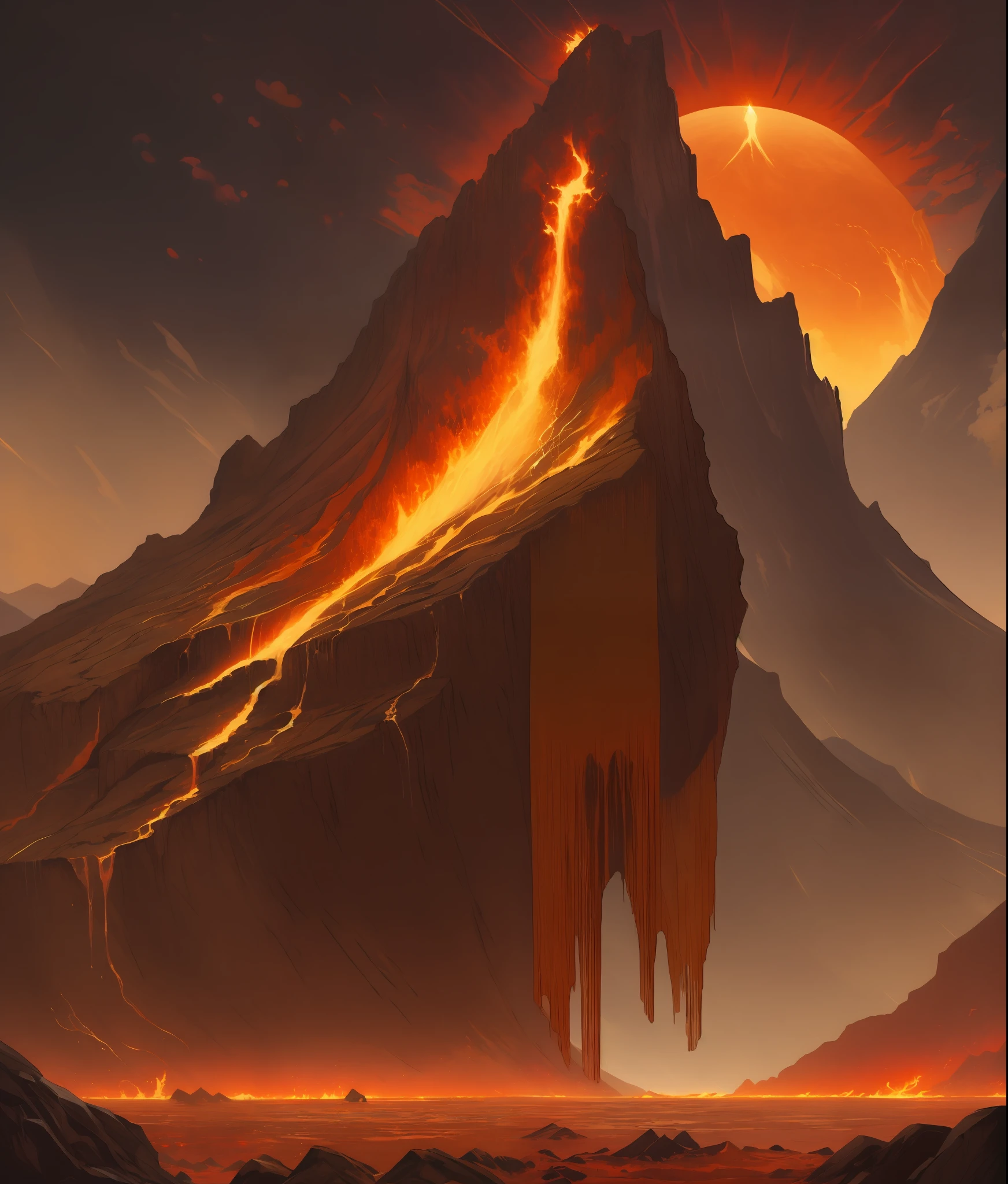 (in dripping art style) Sundeath, Legends claim the Red Mountain's first eruption not only gave brown sheep their current hue, but also imbued them with the fortitude to thrive despite hardship. Knowing their sheep remain placid while in danger, many Dark Elves believe these tales, dripping sun, dripping lava, Masterpiece, Best Quality
