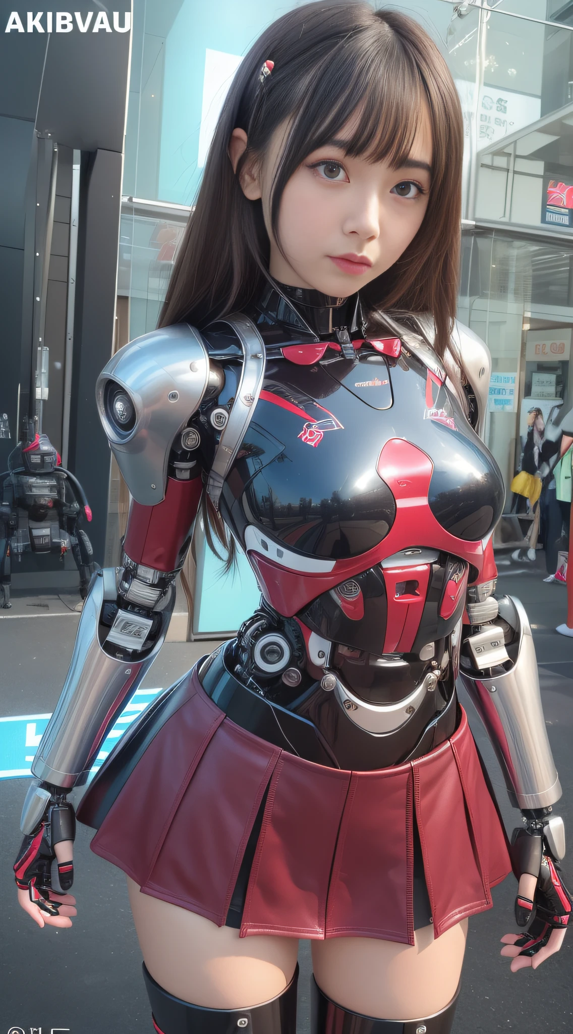 (Photorealsitic:1.4)、Onegirl、(top-quality),(hyperdetailed face)、(Super well-formed face)、((Robot Parts))、(Cyborg girl)、(Burgundy)、(metalic)、(fullllbody)、(Moe Pose)、(Slender body)、(tits out)、(Model body type)、(mecha exposure)、(akihabara)、(is looking at the camera)、(A dark-haired)、(９Head and body)、(a small face)、(Idol)、(front facing)、(is standing)、(Photo session)、(Looks sad)、(Cyborg girl in stage costume)、(sleeve less)、(a miniskirt)
