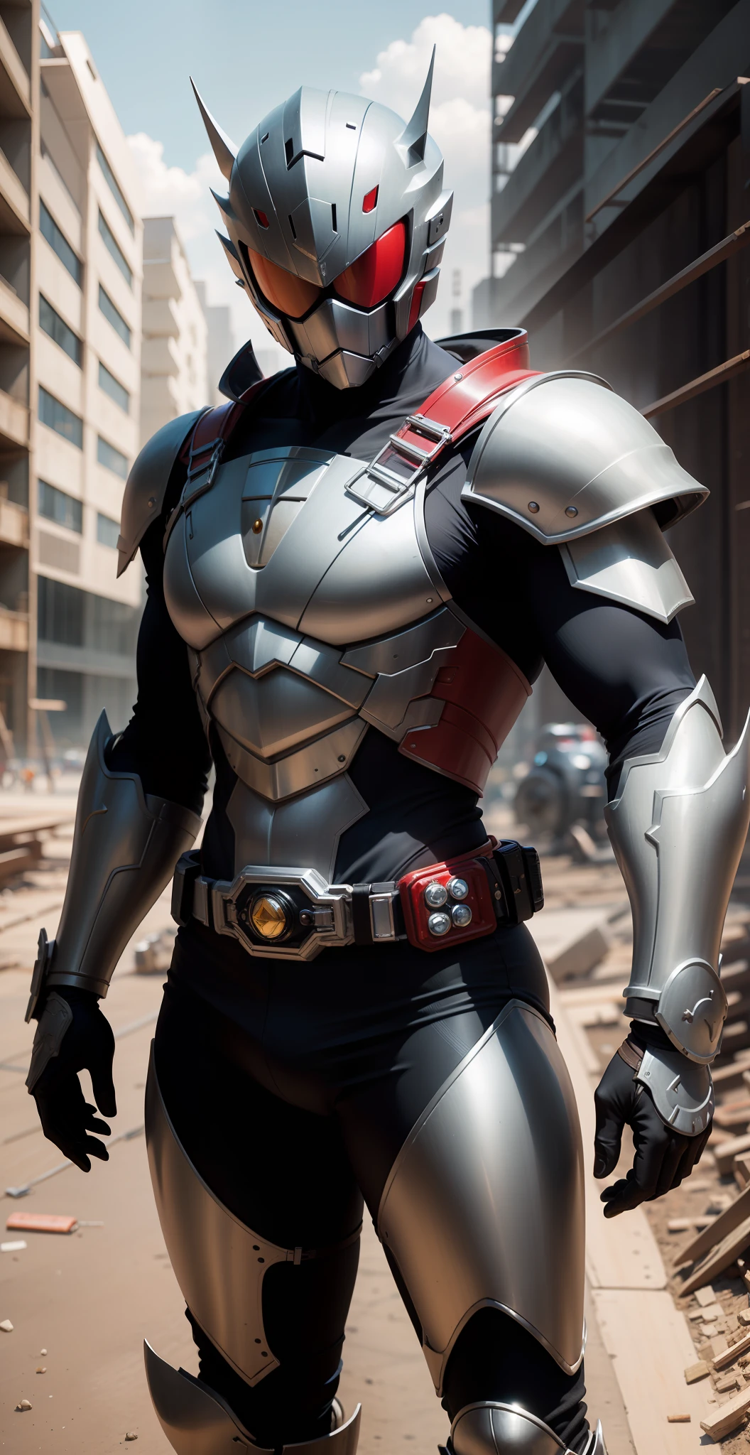Kamen Rider,There is a deformation band at the waist,The finest details,Highest quality,The belt is more detailed,Big eyes,large belt,The surface of the body has thick metal armor,Very detailed strap,Delicate belt,Stand on the construction site,Red armor,blue colored eyes,The whole body has rocket elements,mechanical sense