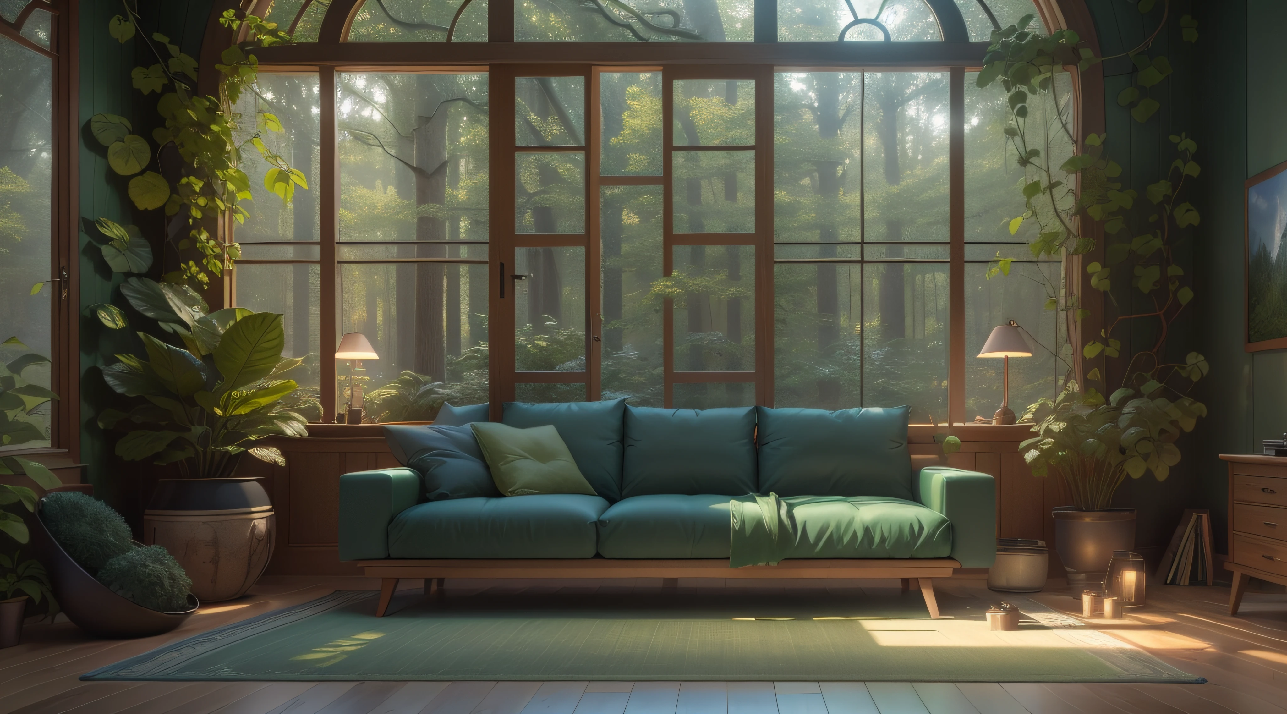 (8k, RAW photo, best quality, masterpiece:1.2), (realistic, photo-realistic:1.37), octane render, ultra high res, ultra-detailed, professional lighting, photon mapping, radiosity, physically-based rendering, ue5, fantasy forest house interior ((fantasy forest house interior)), ((raytracing)), ((ivy on wall)), (retro-futuristic furnishing), (bookshelf), (sofa), (rug on floor), (dark oak floor and walls), (big window), (forest visible outside of the window), (night time), (glowbugs outside), (1 lamp inside)