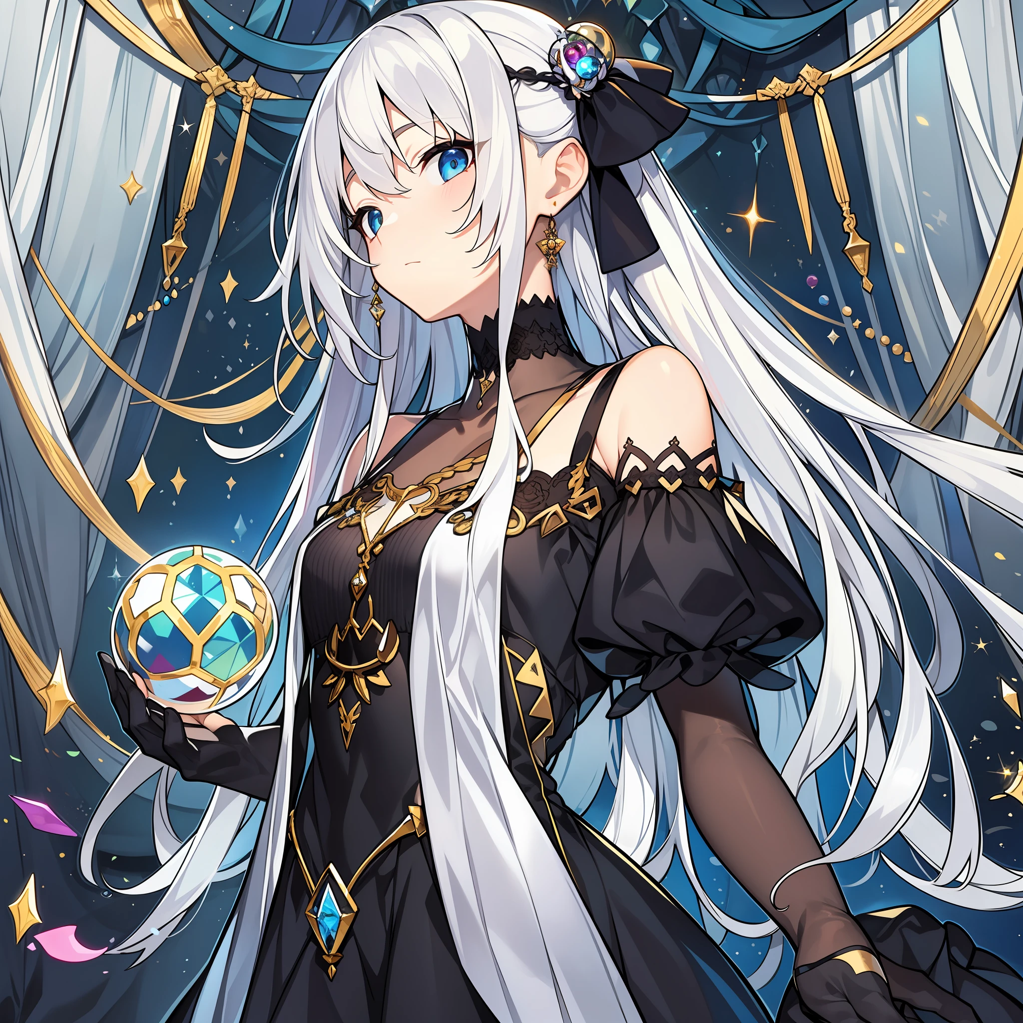 best qualtiy,Need,tmasterpiece,Very detailed,Long white hair hanging to the ground,Small black dress,Crystal ball in hand,eye closeds,one-girl,full bodyesbian