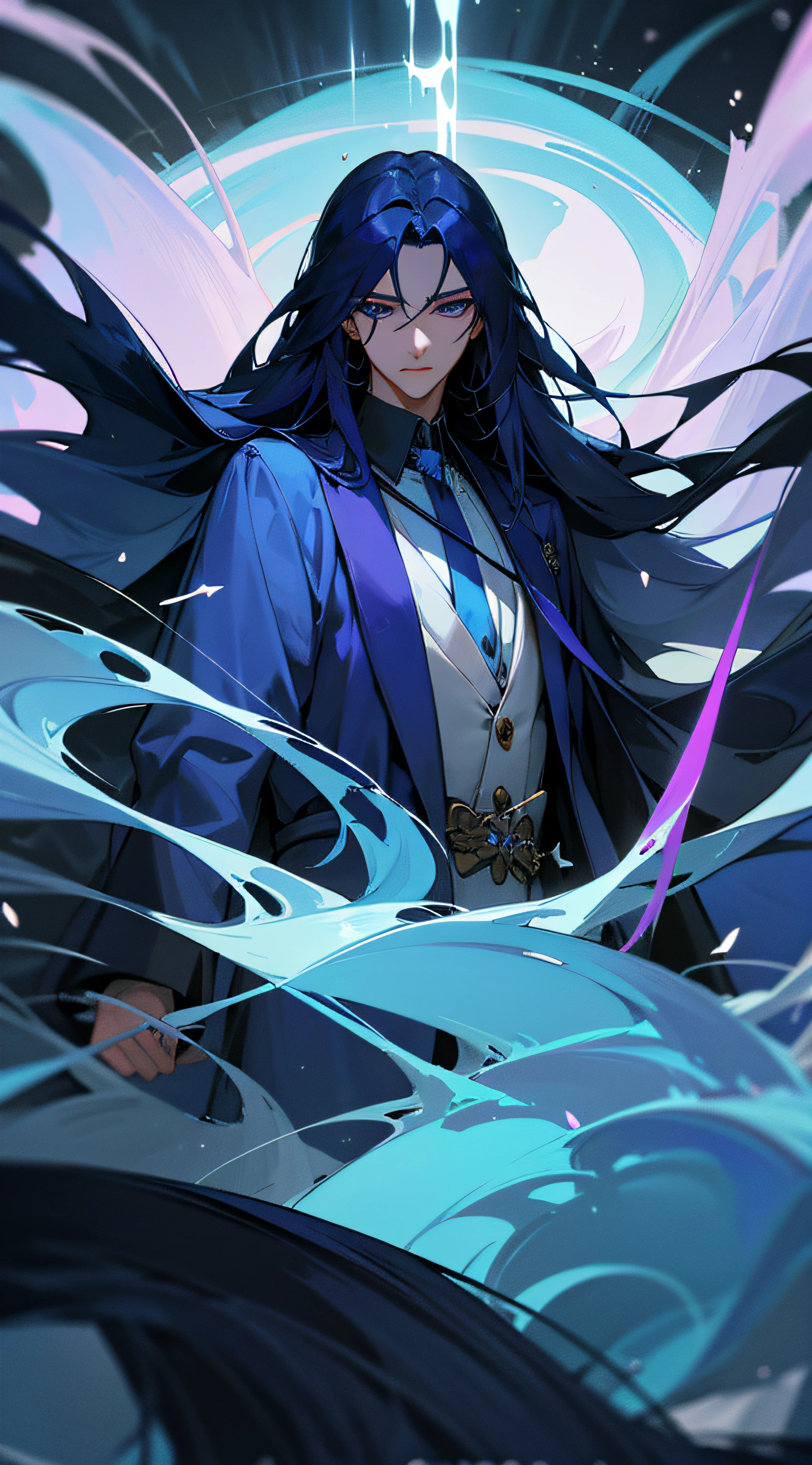 Blue long hair，The gorgeous blue robe seems to have ripples of water，If you look closely，The eyes will be immediately attracted to the dark blue color，Even the whole soul will be sucked into the depths of the sea、In the endless blue。
A man who looked to be in his twenties, But his handsome face had deep eyes，His eyes seemed hollow，But it seems to be all-encompassing，Occasional flash of purple intent，More touching。There will be glorious moments、Instant life and death texture。