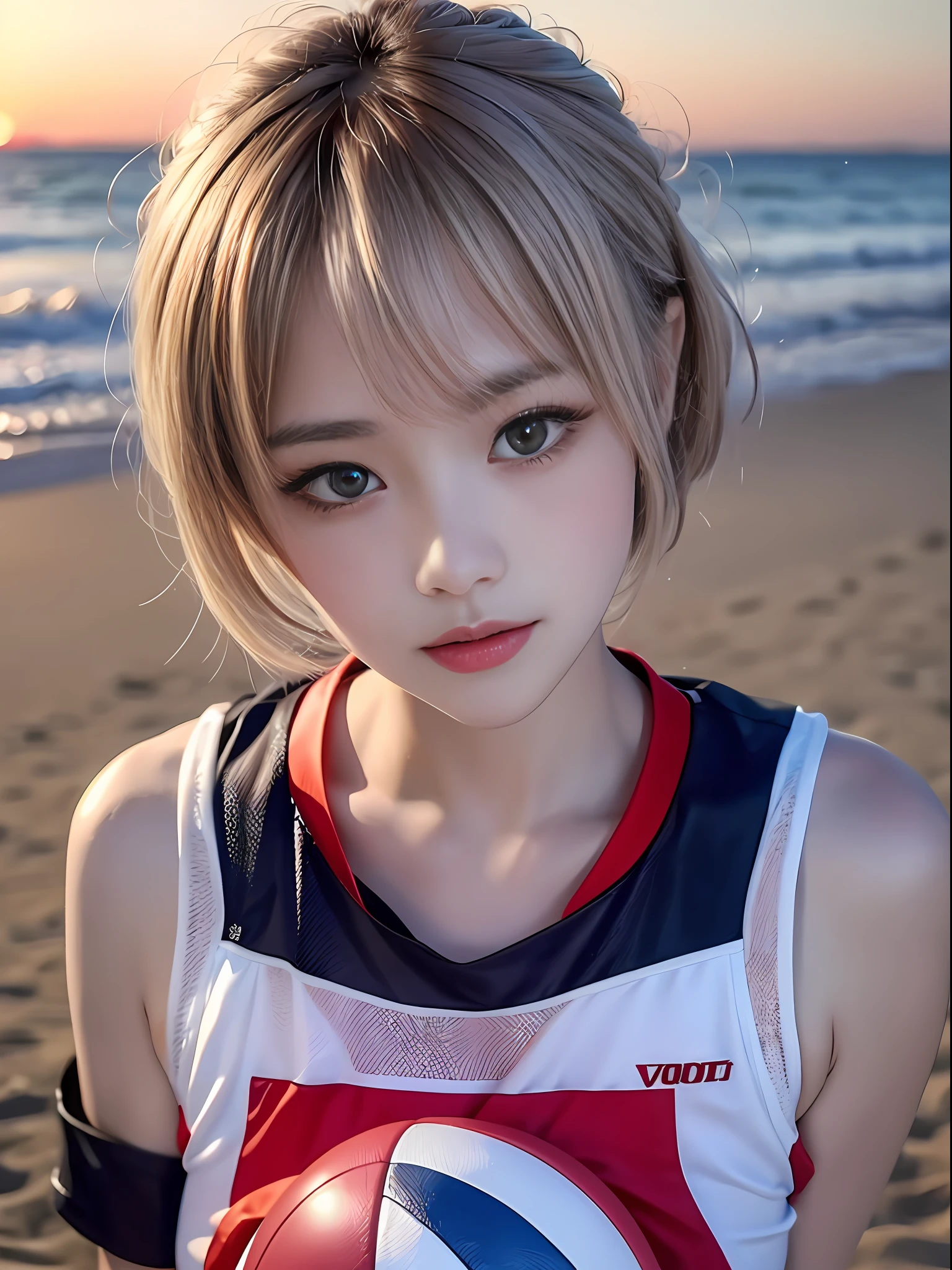 Woman posing for photo、(Volley uniform:1.Wear 3)、Air ball skills、beachvolley、Beach、4K、hight resolution、​masterpiece、top-quality、((Hasselblad photo))、Skin with attention to detail、Sharp Focus、(lighting like a movie)、鎖骨、Soft lighting、、[:(A detailed face:1.2):0.2]、Outside、a blond。shorth hair。short-hair。Sunset beach。