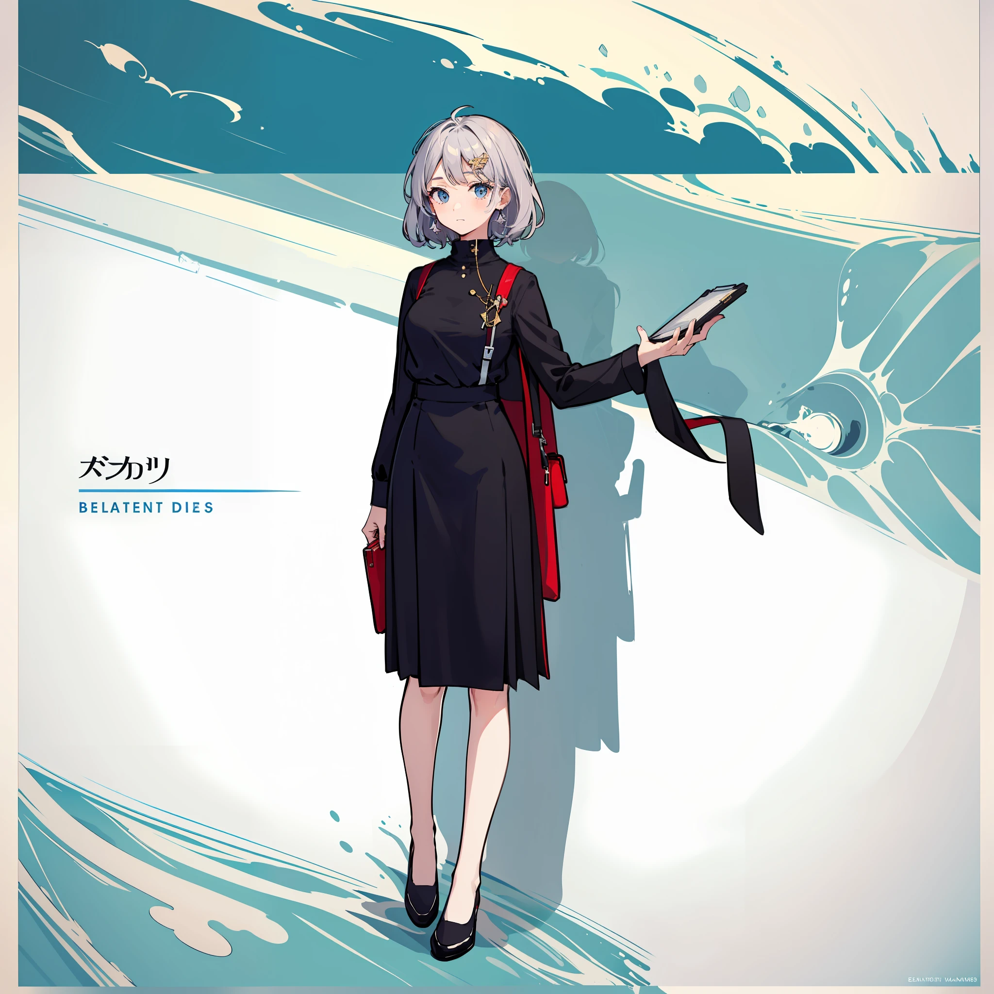 Adult woman with short hair drawing with textbook in hand, One girl, Solo, Letty White Rock, Suit, Just flat, Black skirt, shoes, Black Blazer, White polo shirt, Black tie, sox, mary janes, School Background, alternate costume, Long sleeves, Roll sleeve, Mauve hair, Full body, Looking at Viewer, Short hair, Big breasts