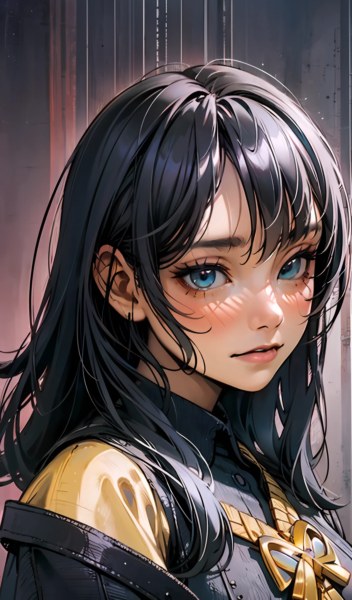 "Masterpiece portrait of 1 girl, featuring Freya JKT48 with black lips and eyes. Ultra-detailed CG work of art with the best quality, showcasing stunning black hair and beautiful eyes. Night view setting with city lights and dark background for an evocative and mysterious feel. Full body shot for a complete and stunning composition."