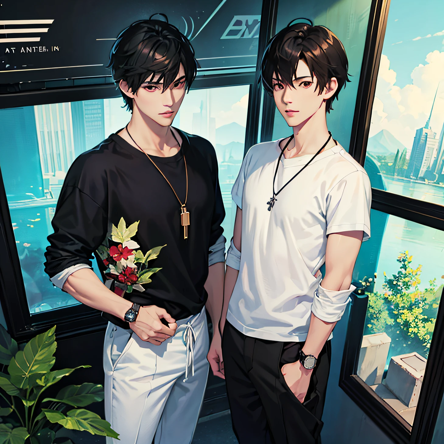 1boy, bangs, Black Hair, black shirt, Red Eyes, tattoo, hair between the eyes, jewelry, foliage, looking at the audience, male focus, necklace, trousers, shirt, bara, look viewer, white tight transparent pants, watch, messy hair, trending on artstation, 8k resolution, high-detail, anatomically correct, sharp photo, digital painting, Concept Art, Trends on Pixiv, style of makoto shinkai --auto