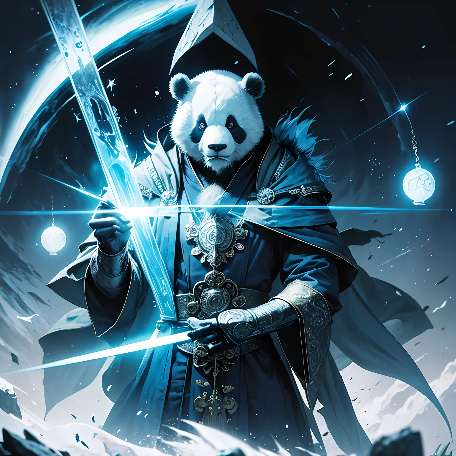 ,hall,Panda Man(The image scale is 3/4),Blue mage robe,Light and fog surround,Recite mantras --auto