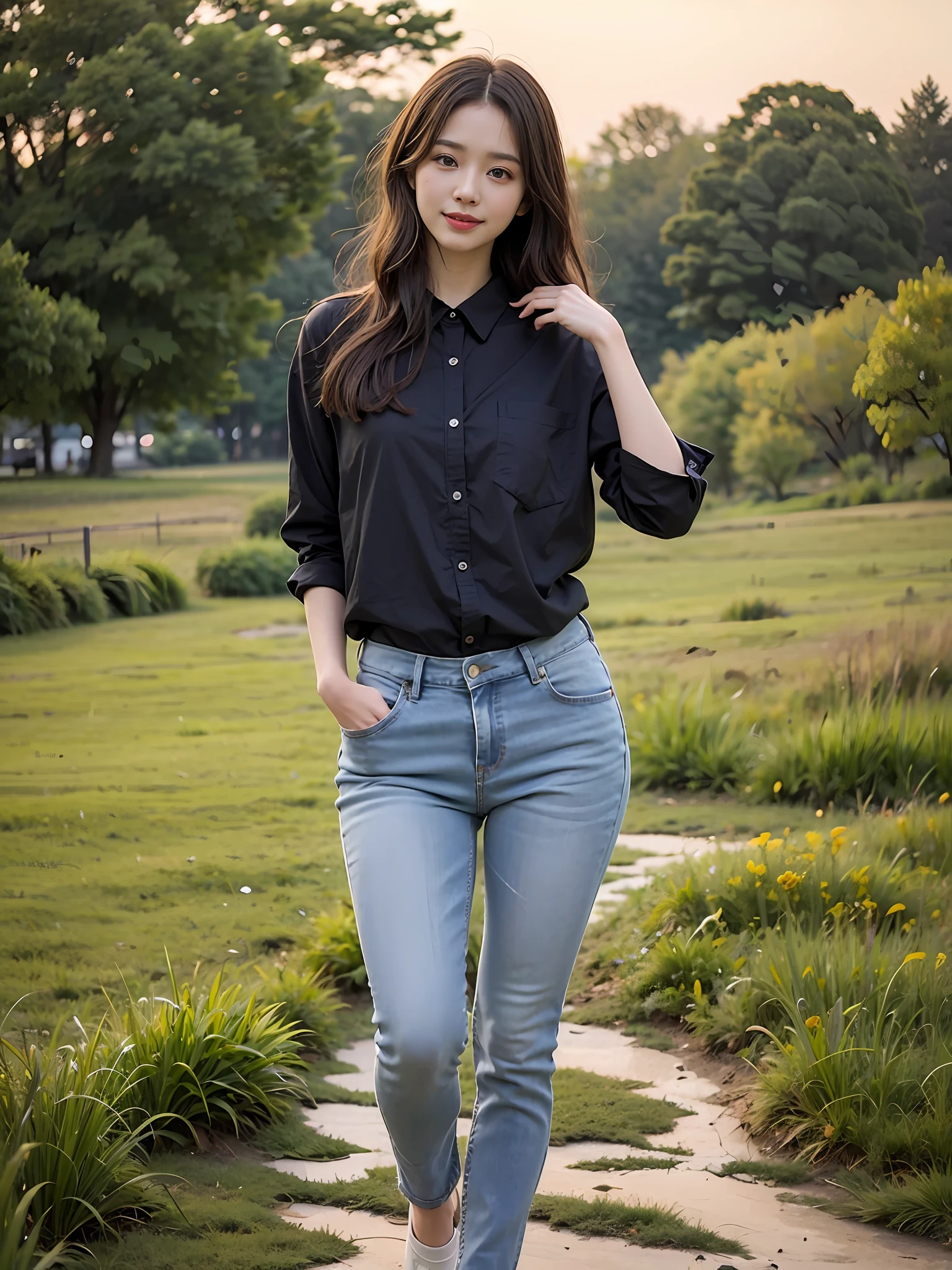 Araki woman in blue shirt and jeans standing in the field, korean women's fashion model, kawaii shirt and jeans, casual clothing style, lee ji eun, Lee Ji-eun, inspirado por Kim Jeong-hui, skinny waist and thick hips, casual modern clothing, full body cute young lady, standing in grassy field, modern casual clothing,Ultra-realistic facial details,White skin of the,A sweet smile,Coquettish pose,A sexy pose,eventide,naturalshadow