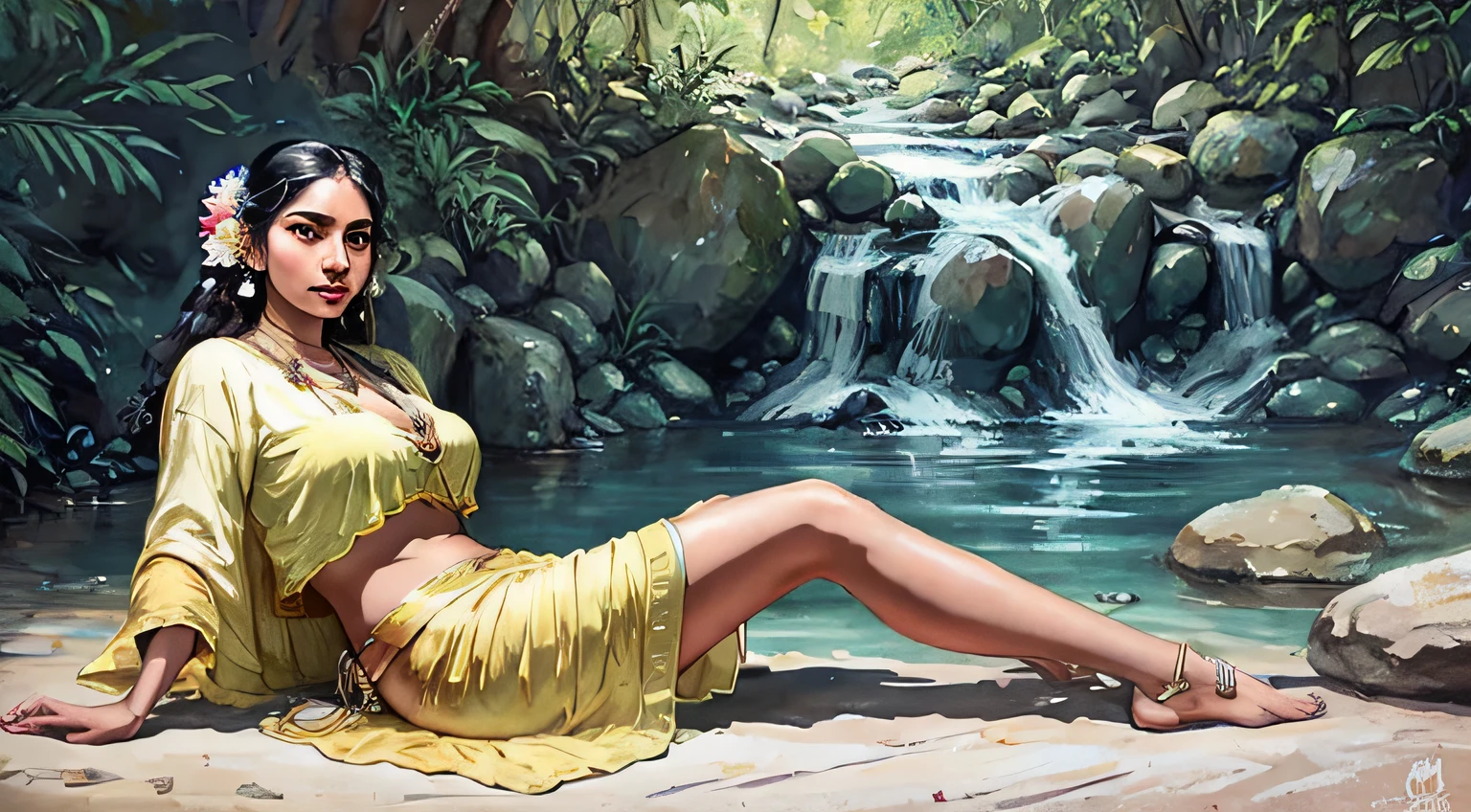 Reclining Nair Lady by artist Raja Ravi Varma, Realistic, 8K, ultra-detailed, Unreal Engine, midjourney art style