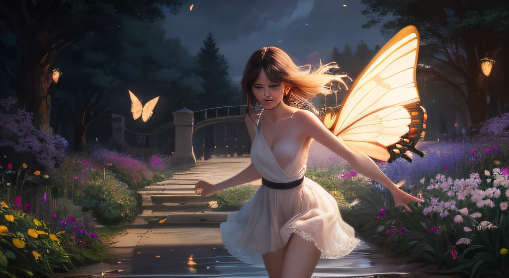 1girl, solo, full body, (masterpiece:1.21), (best quality:1.2), colorful, (illustration:1.2), (cinematic lighting:1.1), (bare shoulders:1.21), (collarbone:1.21) In this whimsical garden of fantasy, The scene is illuminated by a rainbow (colorful fireflies) dancing in the air. Soft (drizzle) adorns the garden, creating a hazy and ethereal atmosphere. In the center of the picture, there stands a single girl, an extremely delicate girl, with cute facial features and an innocent expression. Her long hair fluttered in the wind. She wears an ultra-low-cut strapless dress that accentuates her curves. The lighting is very delicate and beautiful, creating a soft and warm glow that highlights the surface of the water and makes it sparkle like a diamond. The best grass is also illuminated, creating a lush carpet. The garden is surrounded by colorful fields of flowers of all colors and shapes. You can see (colored butterflies) of various colors and sizes flying in the scene, adding to the overall sense of wonder and magic. (Officers), a flush can be seen on the bridge of the nose, and the mouth is slightly open, which adds to the overall sense of innocence and youth. Falling petals can be seen floating around her, adding to the overall romance and beauty. The gentle breeze, rustling leaves and swaying flowers add to the overall dynamism and vitality. It is a scene of pure wonder and magic, full of color and beauty, and viewers can lose themselves in this fascinating and fascinating world. --auto