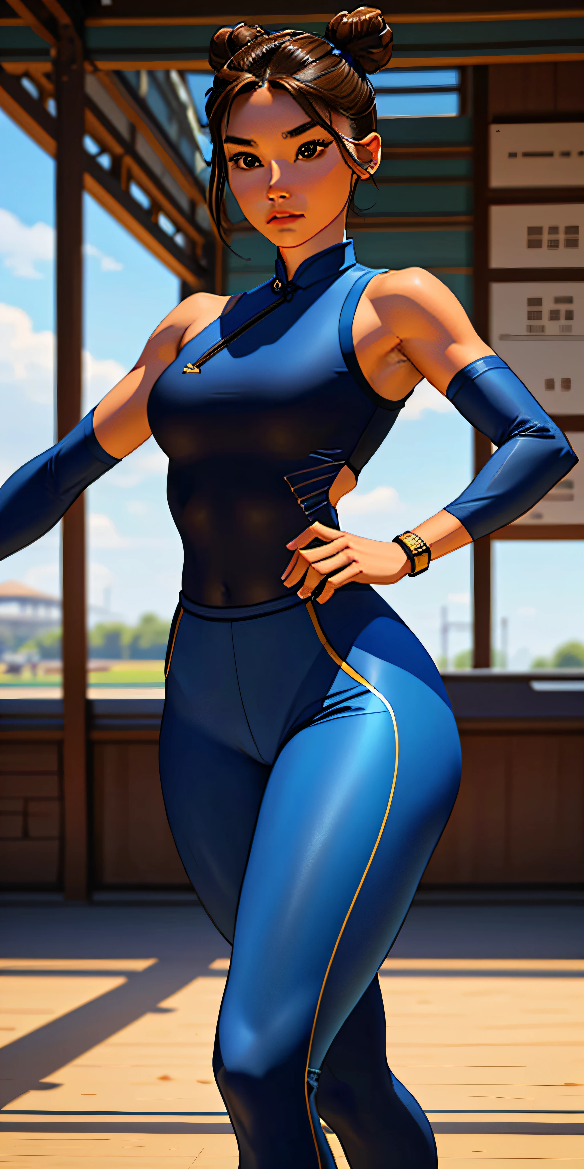 woman in her 20s, chunlims, (perfect face), defined jawline, beautiful brown eyes, beautiful lips, (short brown hair, hair bun, double bun), (perfect anatomy), (athletic body), (sexy), (thick thighs), (perfect hands), (blue cheongsam), tight blue track pants, spiky bracelets, looking at viewer, (medium full shot photograph), (fighting arena background), realistic