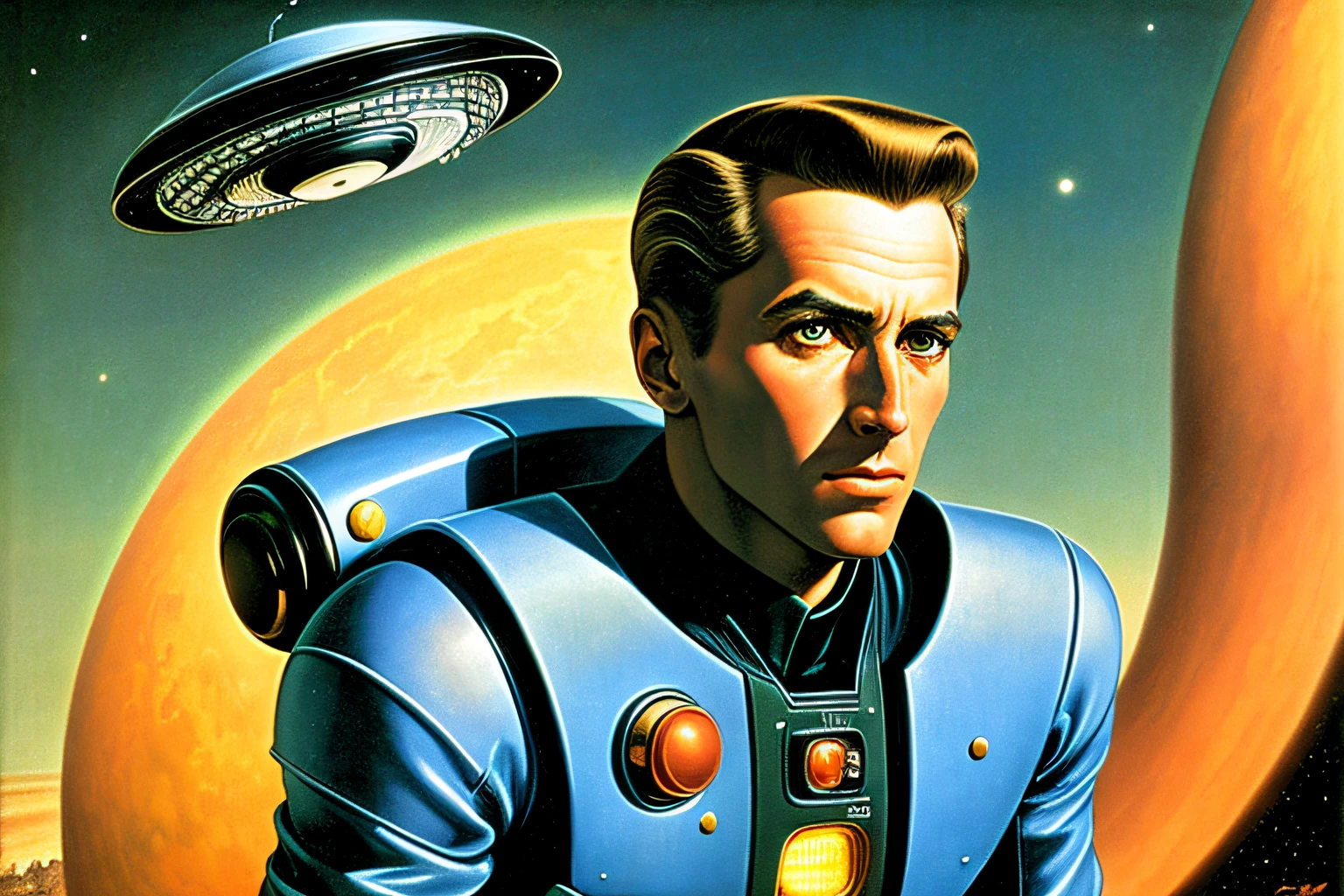 a man, hyperrealism, Ed Emshwiller, scifi, a storybook illustration, retrofuturism
