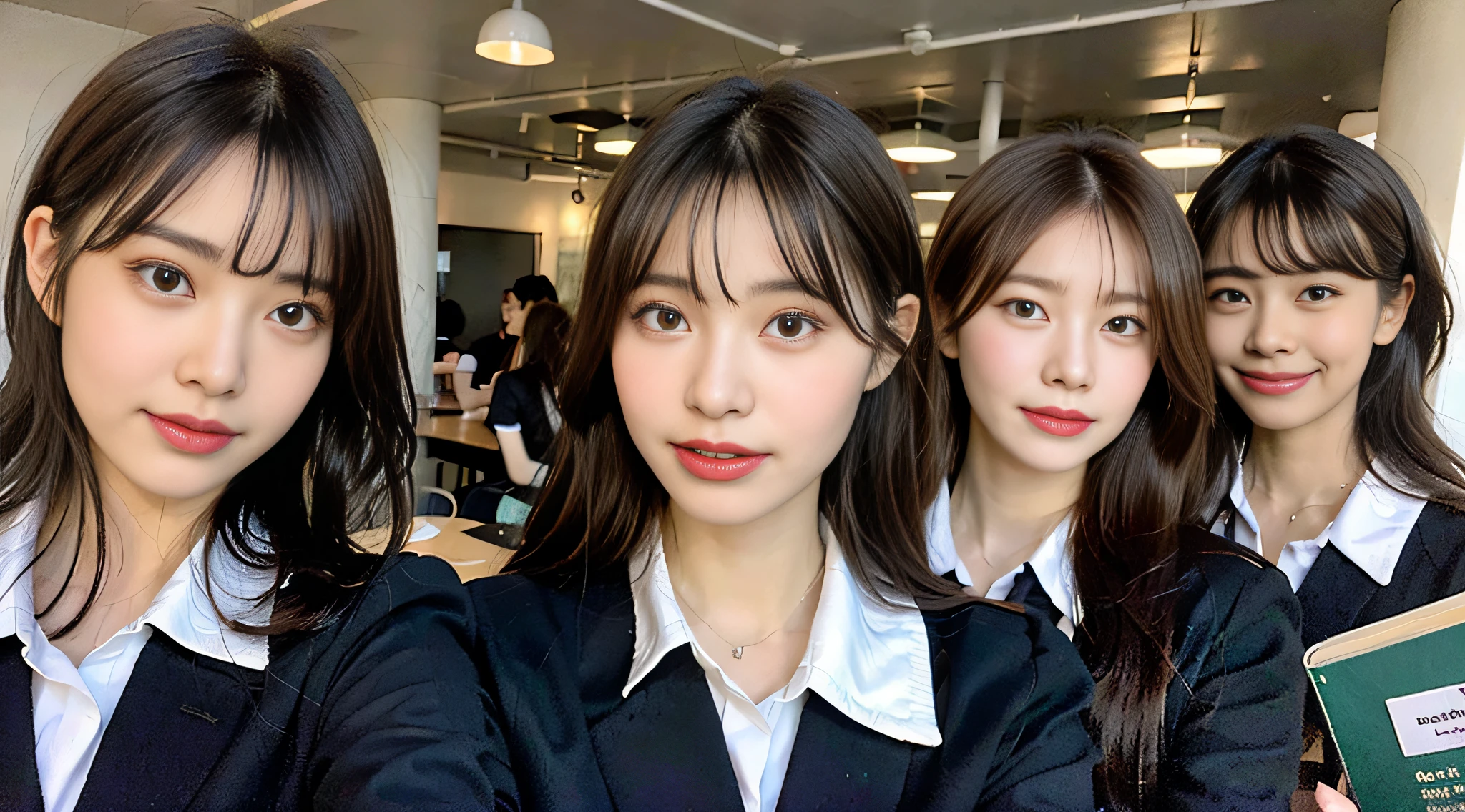 (8K、Raw photography、top-quality、​masterpiece:1.2)、ultra-detailliert、ultra res、(realisitic、Real Photographics:1.47)、((Woman blinking))（High school girl winking at camera）An Internet café full of heart、One eye is closed、（Fantastic lighting）Schoolgirl with a book、Holding a book in both hands、winking、head to waist、de pele branca、Fair-skinned female proofreading、An ultra-high picture quality、、Beautiful female proofreading reflecting in light、looking downwards、amazing detailed、Beautiful girls in very detailed、Faces with different patterns、Different face patterns、Each hairstyle has its own characteristics、Farbe々Hairstyle、Farbe々Hair color shining with clean light、Brown hair shining in the light、One has a ponytail、、Modern cute high school girl、very detailed faces very detailed eyes、Very realistic skin、 extremely detailed fingers, highly detailed nose, highly detail mouth, perfect anatomia, Highly detailed sailor suit、、The details of their hair and uniforms shine through、、Realistic body, de pele branca, glistning skin, Slim body,  Long straight hair, (Blunt bangs:1.2), , nixeu and sakimichan, TWICE, Seifuku, sakimichan, JK Uniform, wearing japanese school uniform, promo still, Larisa Manobal, Japan school uniform, japanese girl school uniform, alena aenami and lilia alvarado
