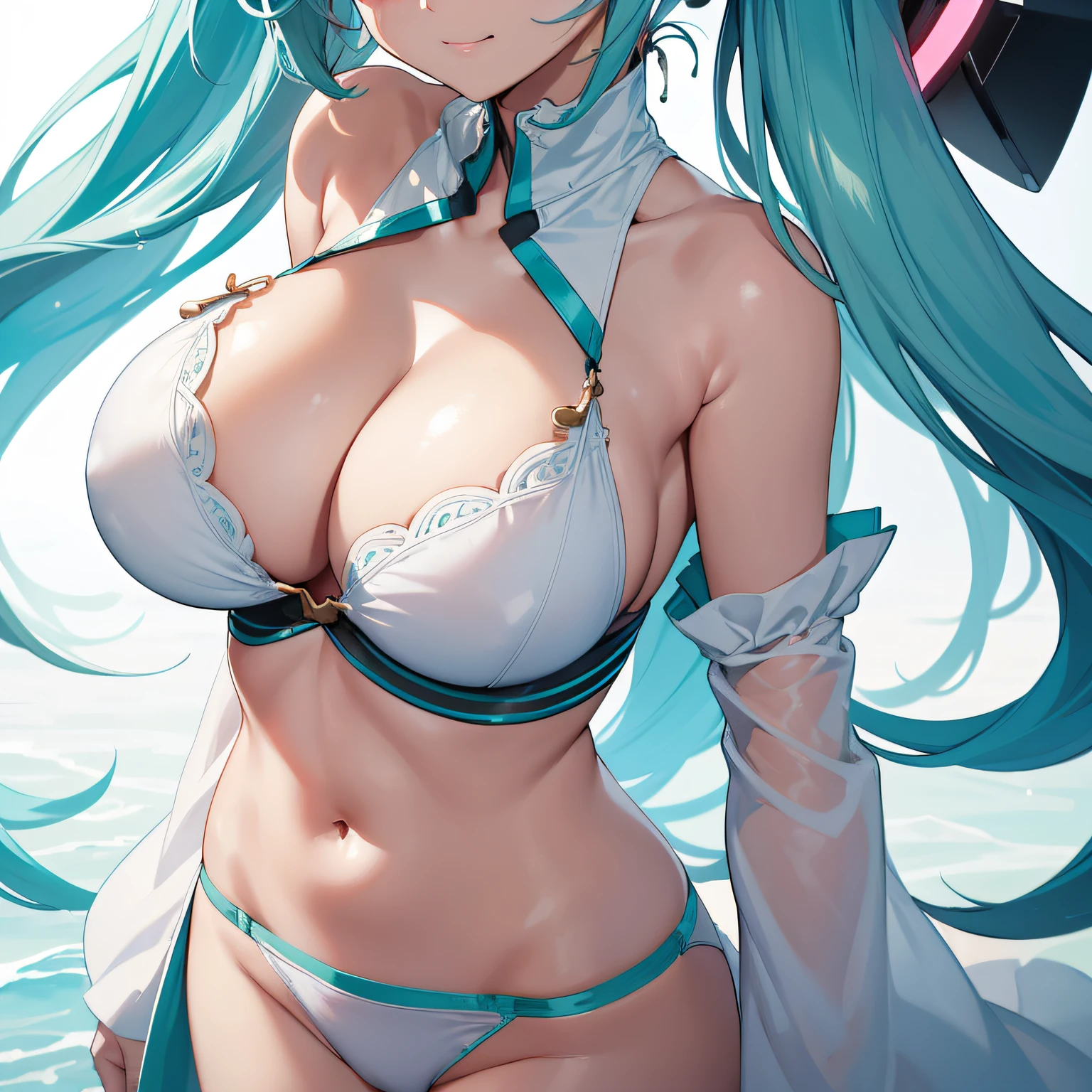 masterpiece, best quality, 8k wallpaper:1.2), ultra detailed, absurdres, highres, 1girl, looking at viewer,( hatune miku:1.3), happy, white , (laugh:1.1), long twintail, blue green hair, dancing, silky skin, beautiful eyes, focus on eyes, long hair flowing with the wind, beautiful smile line, big blue eyes, shiny hair, (surrounded by heavy floating musical note flow:1.3), on the stage, ((random design white loose bikini with green trimmed)), ((((huge breasts:1.1)))), double breasts, under bust, black over knee boots, (((Very soft breasts:1.2, very soft buttocks:1.2))), thick tights, board ass, small ass, shiny skin:1.2, shiny clothes:1.2, oiled skin:1.2, oiled clothes:1.2, leg up, thigh up, under boobs, side boobs, beautiful eyes:1.2. beautiful skin:1.2, beautiful clothes:1.2, beautiful face:1.2, (((close up cleavage focus:1.3))), perfect I sharped cleavage