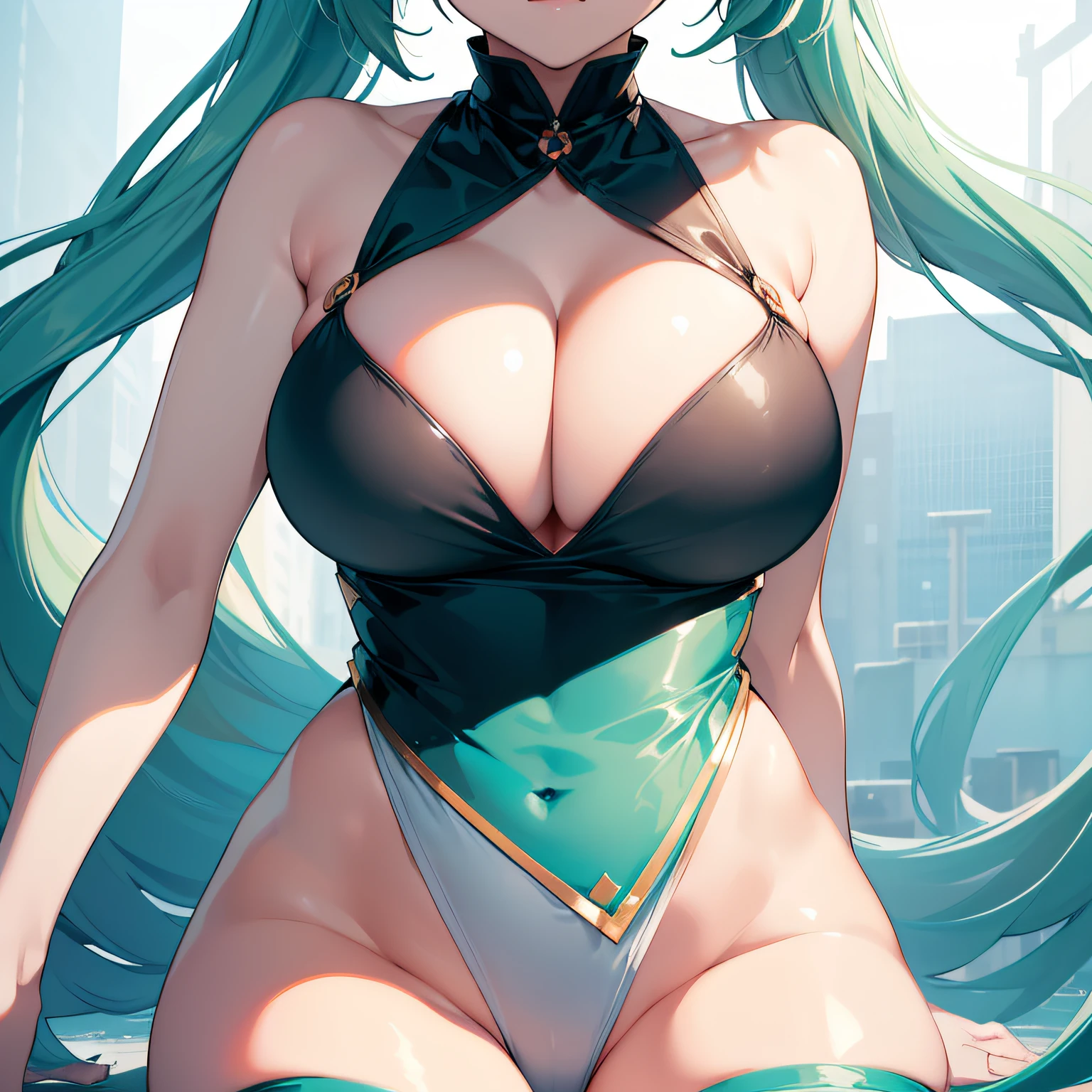 masterpiece, best quality, 8k wallpaper:1.2), ultra detailed, absurdres, highres, 1girl, looking at viewer,( hatune miku:1.3), happy, white , (laugh:1.1), long twintail, blue green hair, dancing, silky skin, beautiful eyes, focus on eyes, long hair flowing with the wind, beautiful smile line, big blue eyes, shiny hair, (surrounded by heavy floating musical note flow:1.3), on the stage, ((random design white loose bikini with green trimmed)), ((((huge breasts:1.1)))), double breasts, under bust, black over knee boots, (((Very soft breasts:1.2, very soft buttocks:1.2))), thick tights, board ass, small ass, shiny skin:1.2, shiny clothes:1.2, oiled skin:1.2, oiled clothes:1.2, leg up, thigh up, under boobs, side boobs, beautiful eyes:1.2. beautiful skin:1.2, beautiful clothes:1.2, beautiful face:1.2, (((close up cleavage focus:1.3))), perfect I sharped cleavage