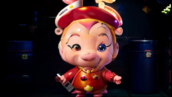 Close-up of cartoon character in red costume, anthropomorphic warrior piglet, porky pig, piggy, cooking a, pink iconic character, toonix character, Pig, Pig pig pig, zun, Wanda, inspired by Park Hua, an animated character, paul lung, Yan, dent wu, Maya, antilous chao, piglet --auto