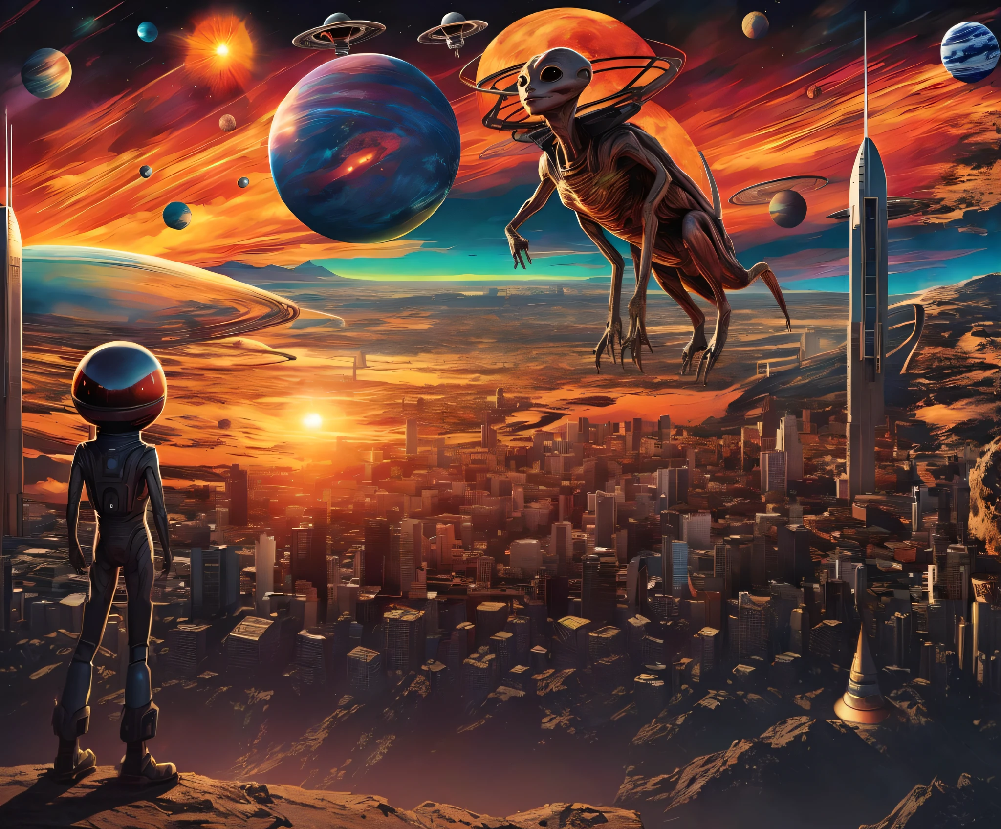Spaceships and aliens, flying over a city at sunset, Erstaunliche Weltraumkreatur 4 K, Hochdetaillierte digitale 4K-Kunst, Fremder Planet am Himmel in der Ferne, epic surrealism 8k oil painting, Epische Fantasy-Science-Fiction-Illustration, Science fiction illustration for digital art, Detaillierte digitale 4K-Kunst, auf einem bunten fremden Planeten, populated by aliens and humans, Extraterrestrial civilization