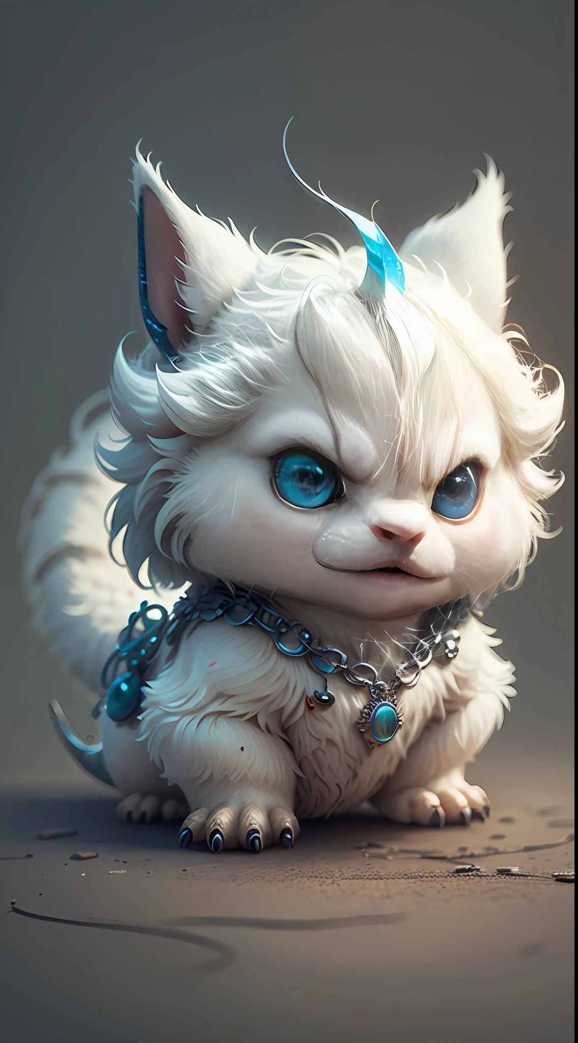 Cute hyper-realistic little white dragon, eyes of different colors, wearing a necklace, exaggerated expressions, humanized movements, chibi, cute and fluffy, logo design, cartoon, movie lighting effects, charming, 3D vector art, cute quirky, fantasy art, background blurring, hand drawing, digital painting, soft lighting, isometric style, 4K resolution, realistic rendering, highly detailed and clean, vector images, realistic masterpieces, professional photography, simple space background, flat white background, isometric, vibrant vector