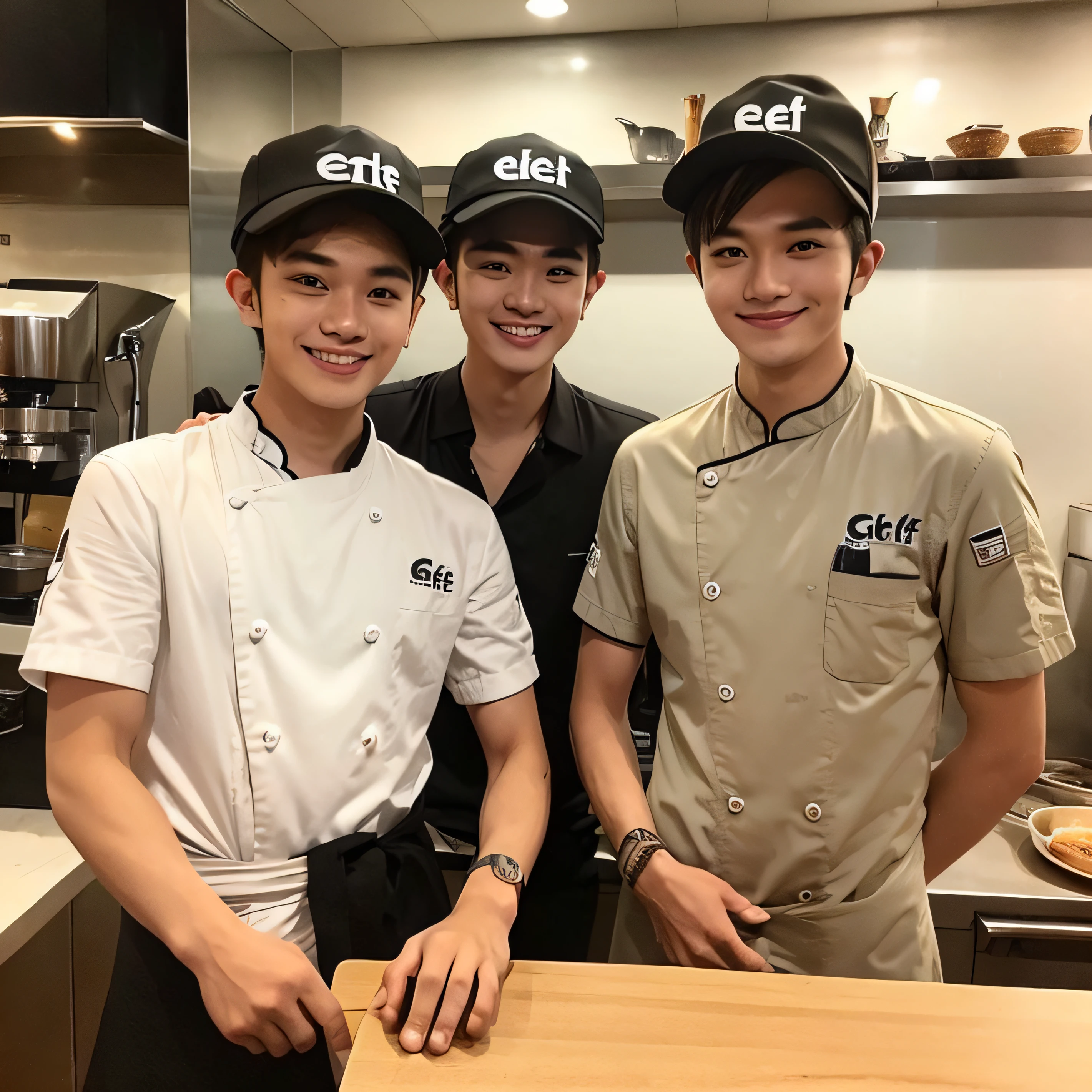 1 handsome men ,20 years old , Malaysian , work as Barista, chef wear ,((( wear chef hat))), works in a coffee shop , specializes in making coffee, cup of barista coffee