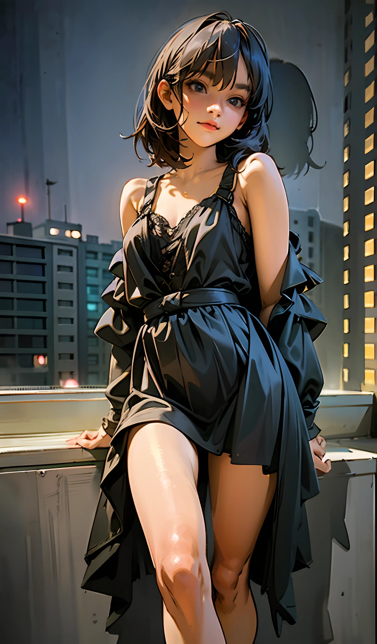 ((masterpiece)), best quality, ultra-detailed, extremely realistic CG portrait of (1girl), portraying Freya (JKT48), with black eyes and captivating lips, showcasing the best possible lighting and shadow effects. The focus is on her short black hair, set against a beautiful night view of a city skyline with pristine city lights, full body shot, with a dark background highlighting her charming features.