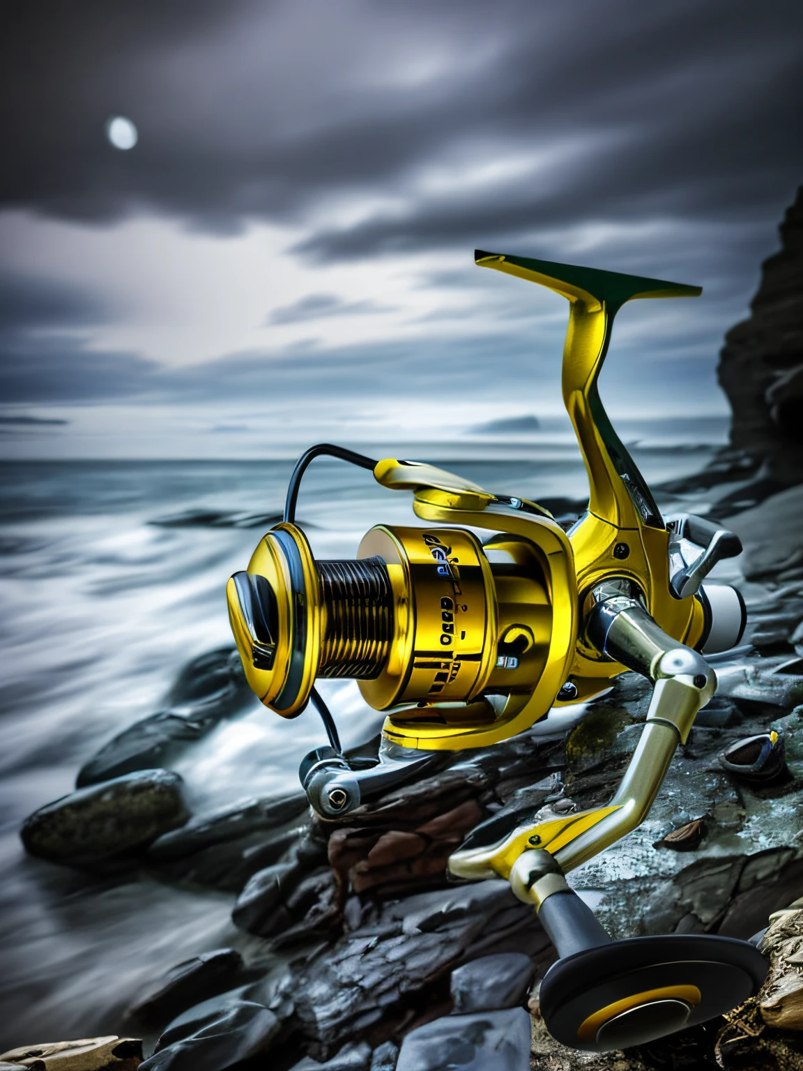 Close-up of a fishing reel on a rocky beach, powerful detail, Dramatic art, New design, realistic and coherent, night setting, the robot has a fishing rod, fishing, motivational, realistic depth, Evening at dusk, realistic shot, Ultra realist, dusk setting, highly detailed product photo, Realistic scene, topquality, fishing pole, Stunningly realistic