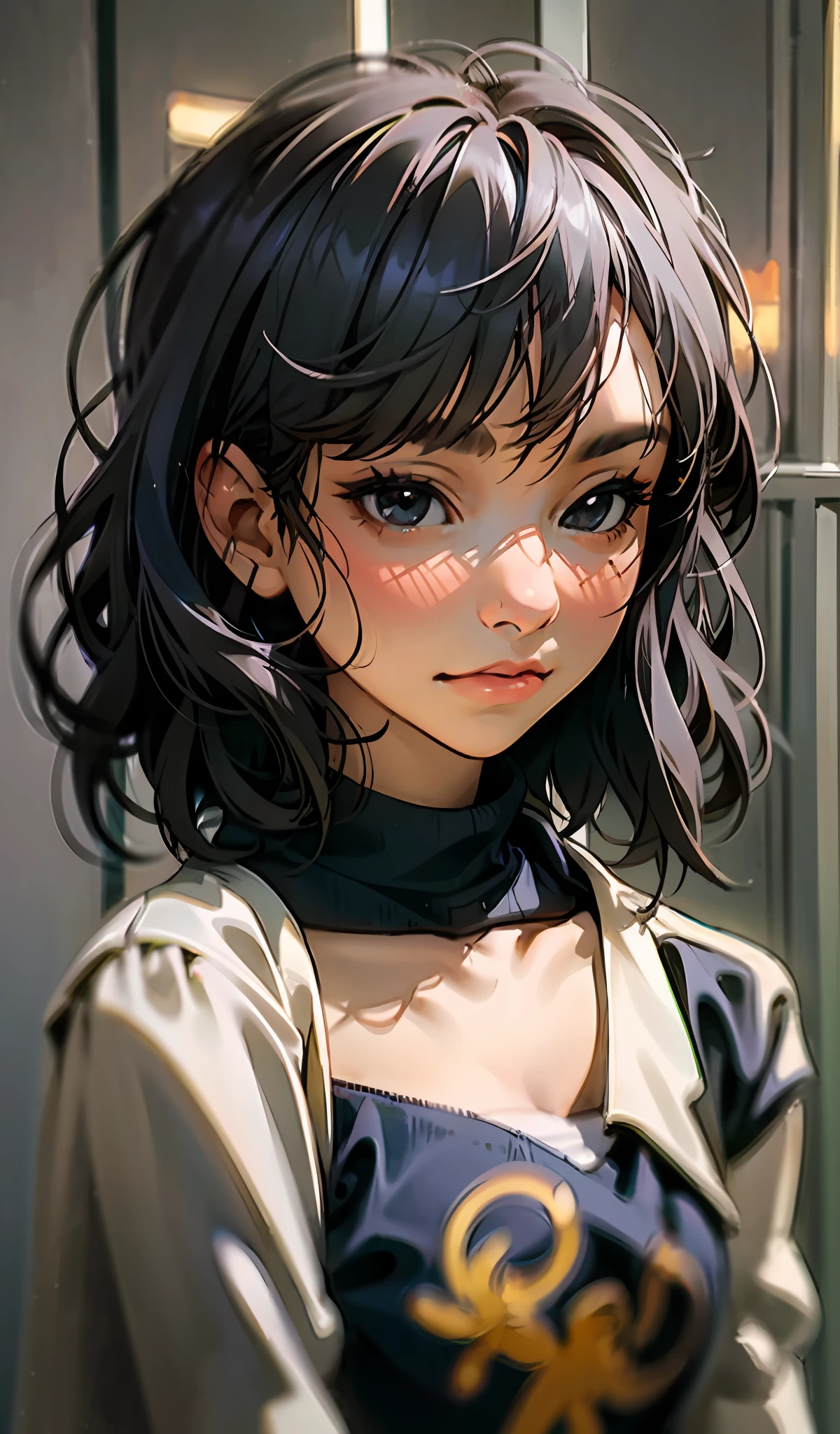 ((masterpiece)), best quality, ultra-detailed, extremely realistic CG portrait of (1girl), portraying Freya (JKT48), with black eyes and captivating lips, showcasing the best possible lighting and shadow effects. The focus is on her short black hair, set against a beautiful night view of a city skyline with pristine city lights, full body shot, with a dark background highlighting her charming features.
