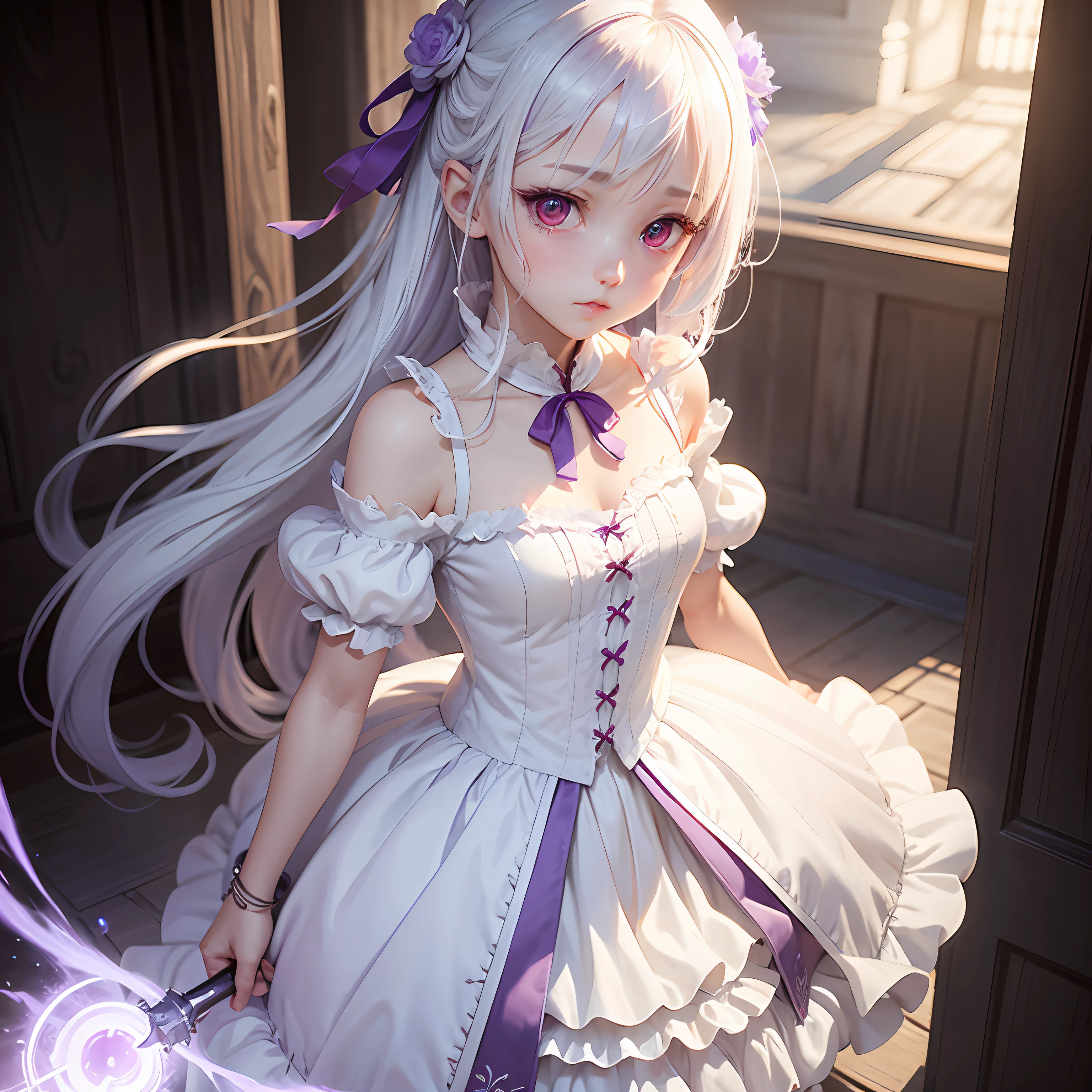 Masterpiece-level CG graphics,Shrouded in purple light,Cute ,White hair and red eyes,white dresses,Mysterious tsundere,Beautiful,delicated。 --auto