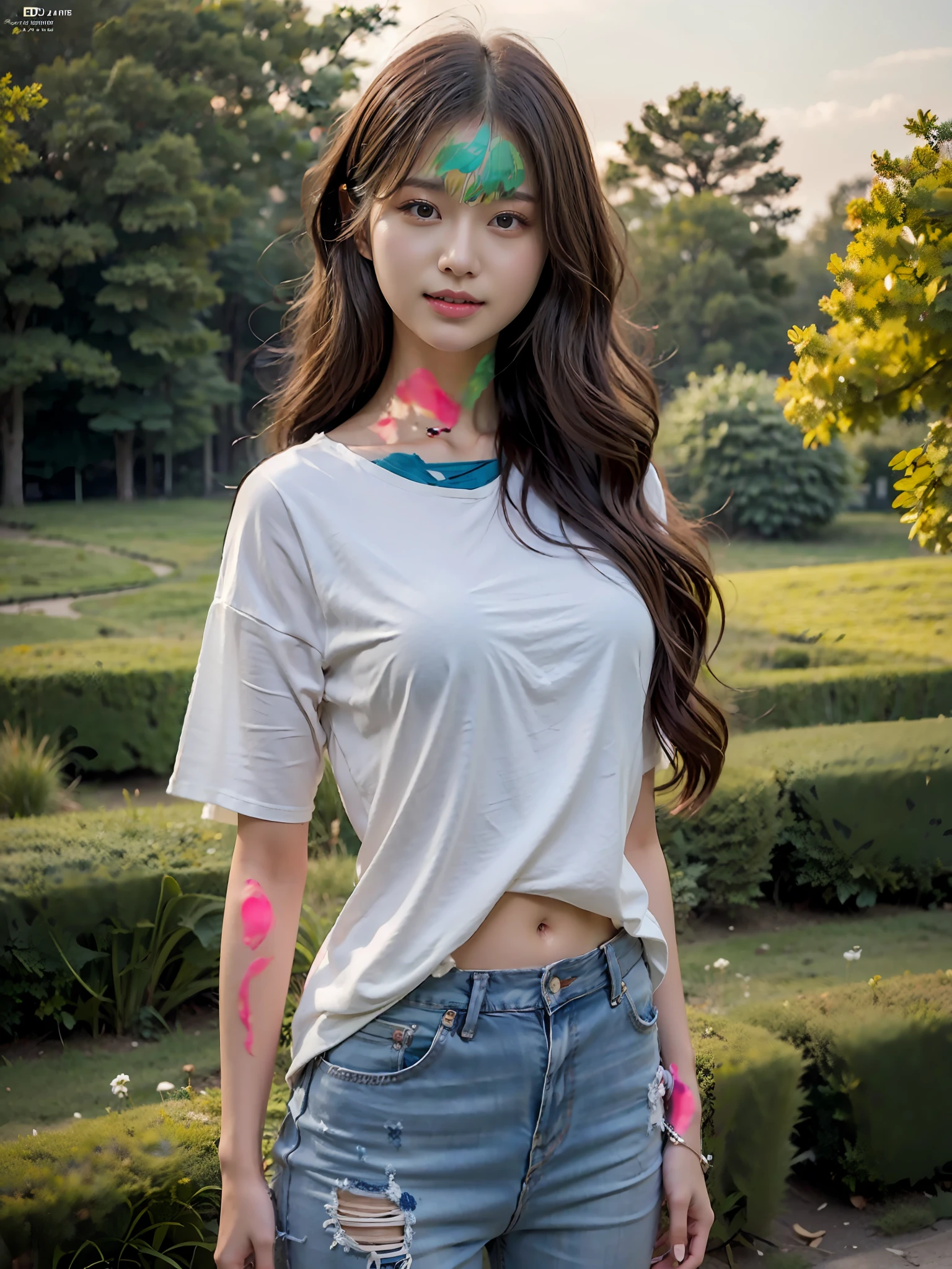 (best qualtiy:1.4),Complicated details,20 years old Korean girl,Wear a loose black T-shirt and skinny jeans,Stand on the grass and take pictures,Detailed meadow,A sweet smile on a small face,Ultra-realistic facial details,Playful and coquettish pose,The calves are straight and slender:1.2,Wear high-end branded colored canvas shoes:1.0,eventide:0.3,Broad lighting,naturalshadow:1.0,fully body photo:1.8