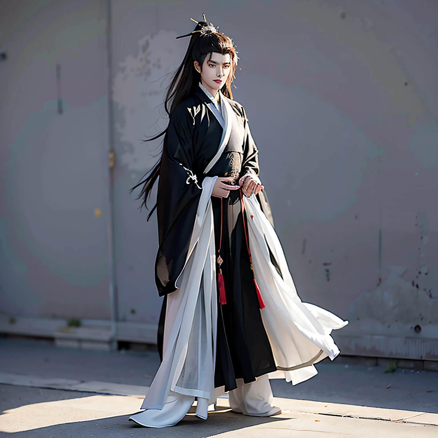 Wearing a black dress，Long-haired Arad man, flowing hair and long robes, dark flowing robe, full-body wuxia, inspired by Wu Daozi, flowing magical robe, in a cloak with long hairs, Wuxia, Inspired by Seki Dosheng, Flowing robes,, wearing in black cloak,