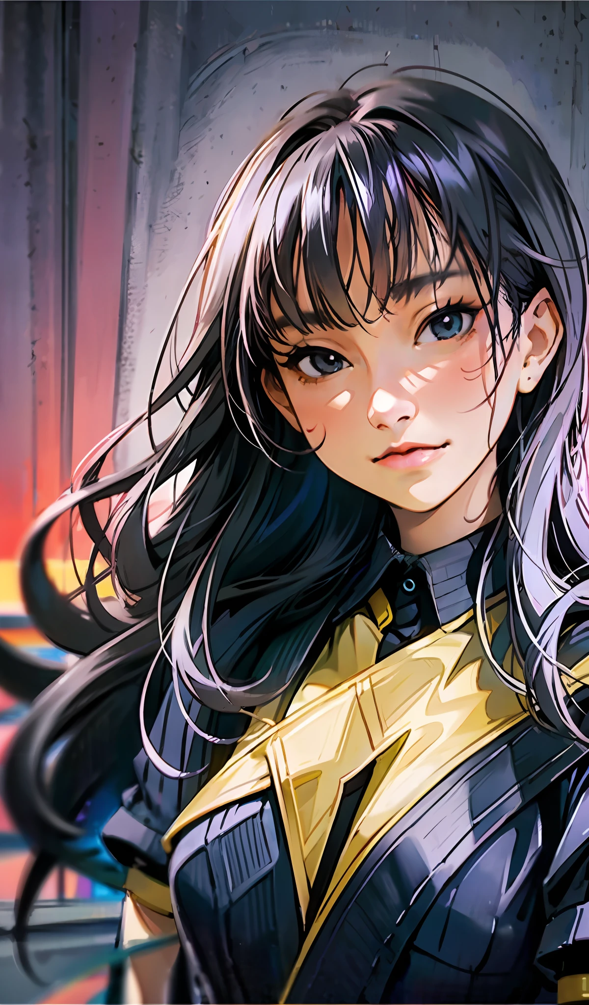 (extremely detailed CG portrait of 1girl, masterpiece, best quality), with black hair, black eyes, and soft lips, set against a breathtaking night view of the city with dazzling city lights. The dark background beautifully contrasts with the vibrant anime style of the portrait, creating an unmistakable anime vibe.