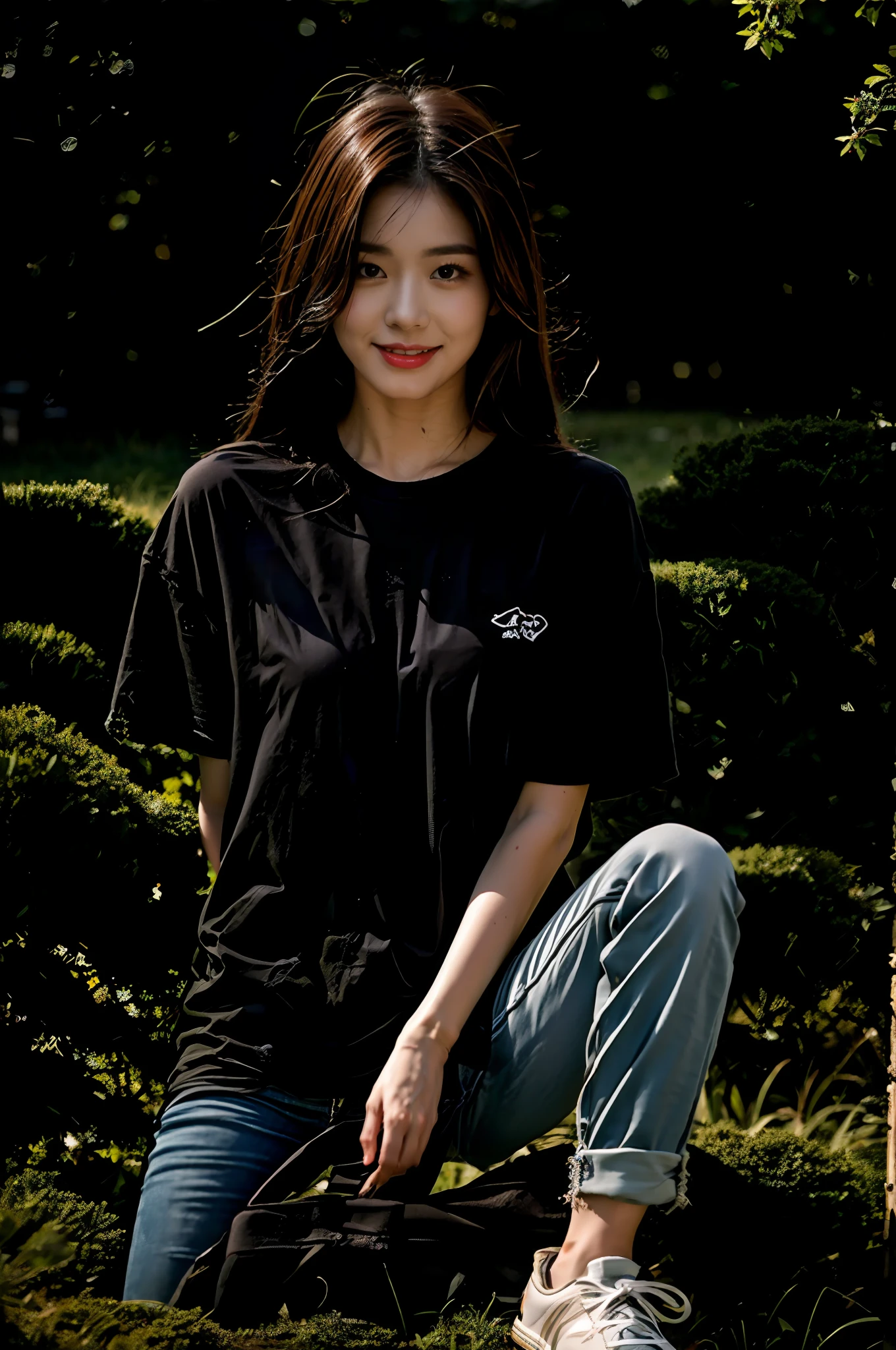 (best qualtiy:1.4),Complicated details,20 years old Korean girl,Wear a loose black T-shirt and skinny jeans,Stand on the grass and take pictures,Detailed meadow,A sweet smile on a small face,Ultra-realistic facial details,Playful and coquettish pose,The calves are straight and slender:1.2,Wear high-end branded colored canvas shoes:1.0,eventide:0.3,Broad lighting,naturalshadow:1.0,fully body photo:1.8