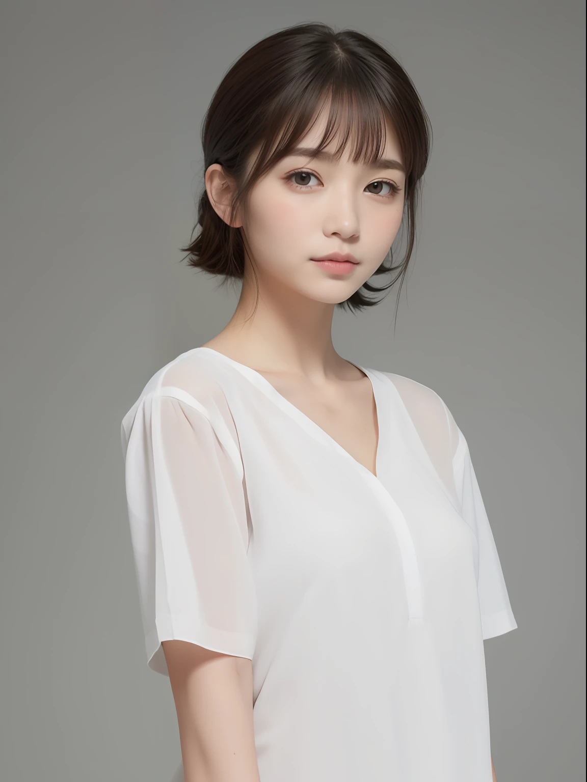 (in 8K, top-quality, a masterpiece of:1.2), (realisitic, Photorealsitic:1.37), ultra-detailliert, small tits、Skinny face、Mature look、de pele branca、nurse、Suppin、Narrow slit eyes、Small eyes、Small, Narrow eyes、30-years old,独奏,Nasal blush、A smile、a closed mouth、tiny chest、Delicate body、Black eyes、beatiful detailed eyes、Single eyelid、poneyTail、A dark-haired 、short cut hair、fullllbody、Skinny Legs、Manteau blanc、nurse、see -through、White blouse