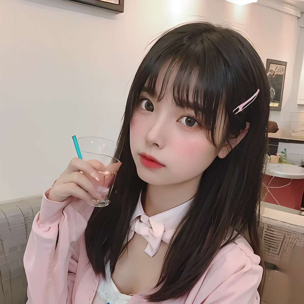 Pink rabbit ears　large full breasts（nffsw）Long straight hair　Goth loli outfit with white and pink exposed cleavage（Overexposed、a miniskirt）Carry drinks　Large living room
