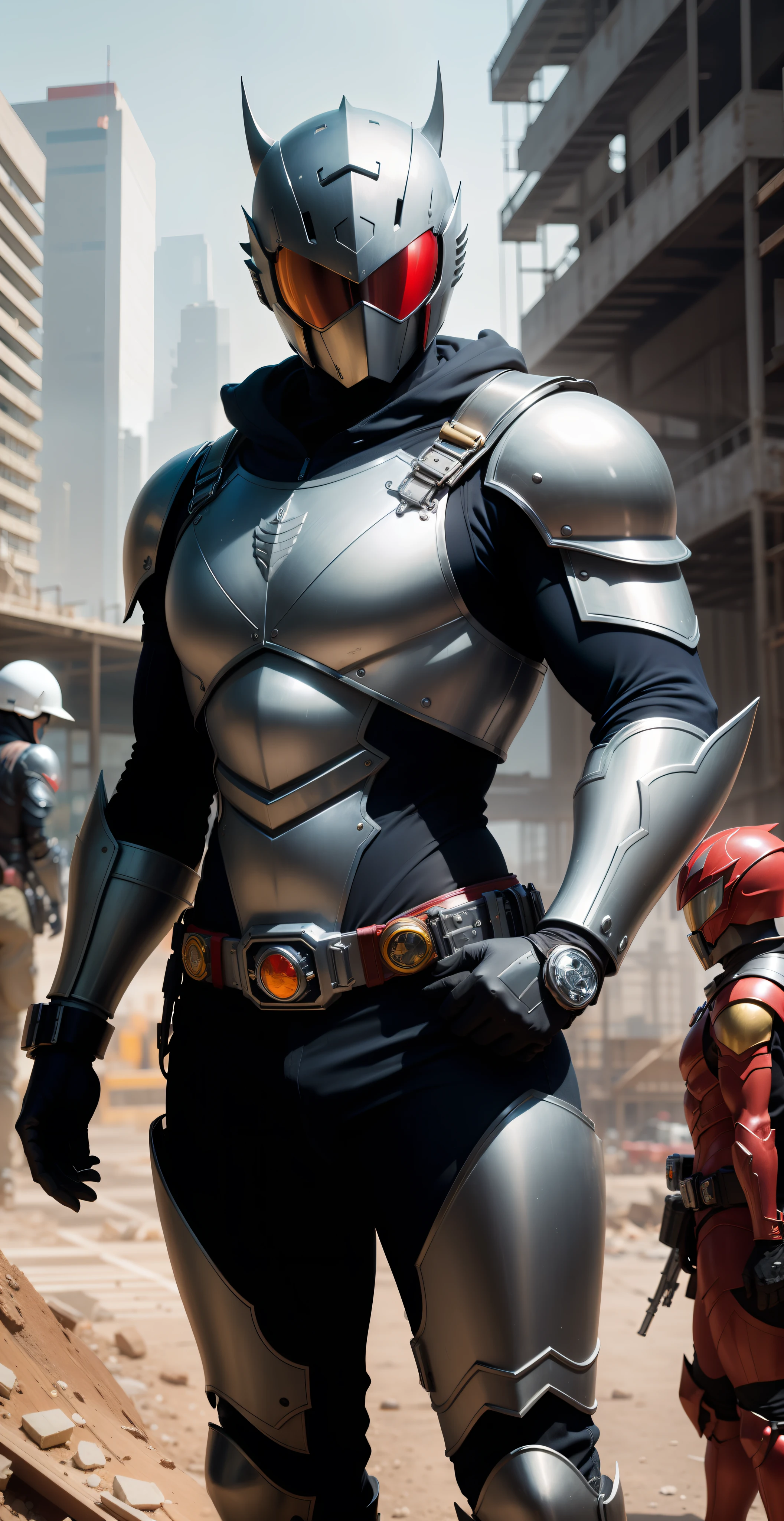Kamen Rider，There is a deformation band at the waist，The finest details，Highest quality，The belt is more detailed，Big eyes，big belt，The surface of the body has thick metal armor，Very detailed strap，Delicate belt，Stand on the construction site，Red armor，blue colored eyes，Full body red modern armor，There are tactical gloves on the hands