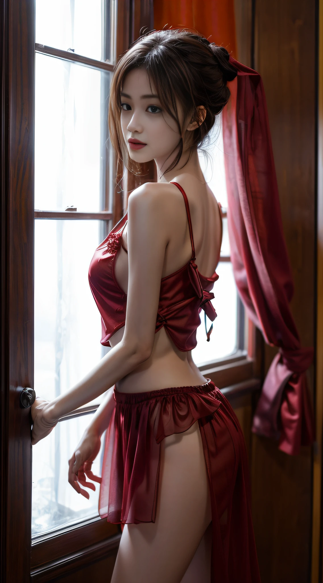 best qualtiy, tmasterpiece, 超高分辨率, (realisticlying:1.4), RAW photogr, 1girl, ((Red transparent dudu)), ((smallunderboob)), cold light