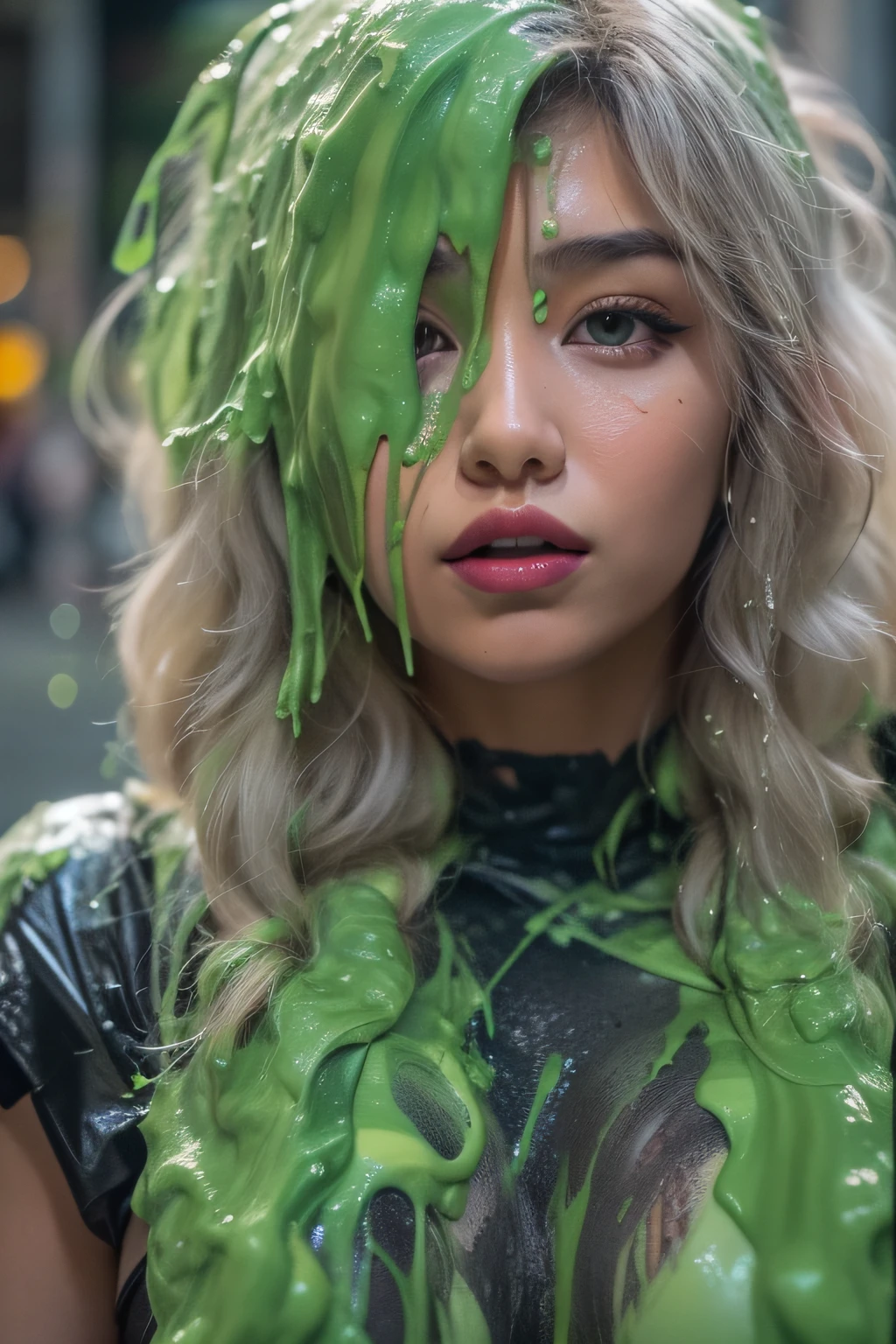 8k, HD, masterpiece, (photo-realistic: 1.3), hyper detailed, extreme texture, (25-year-old Japanese model: 1.4), 1 woman, Asian woman, tan skin, push-up bra, (cleavage: 1.1), thick eyeliner, long eyelashes, heavy makeup, red lipstick, blonde hair, curly short hair, city streets daytime, portrait photography, lens flairs, f/2.5, perfect body, beautiful face, perfect lighting, (slime dripping down head: 1.5), (textured slime drips down hair: 1.2), (slime drips down body: 1.1), photo realism, grabbing her own breasts