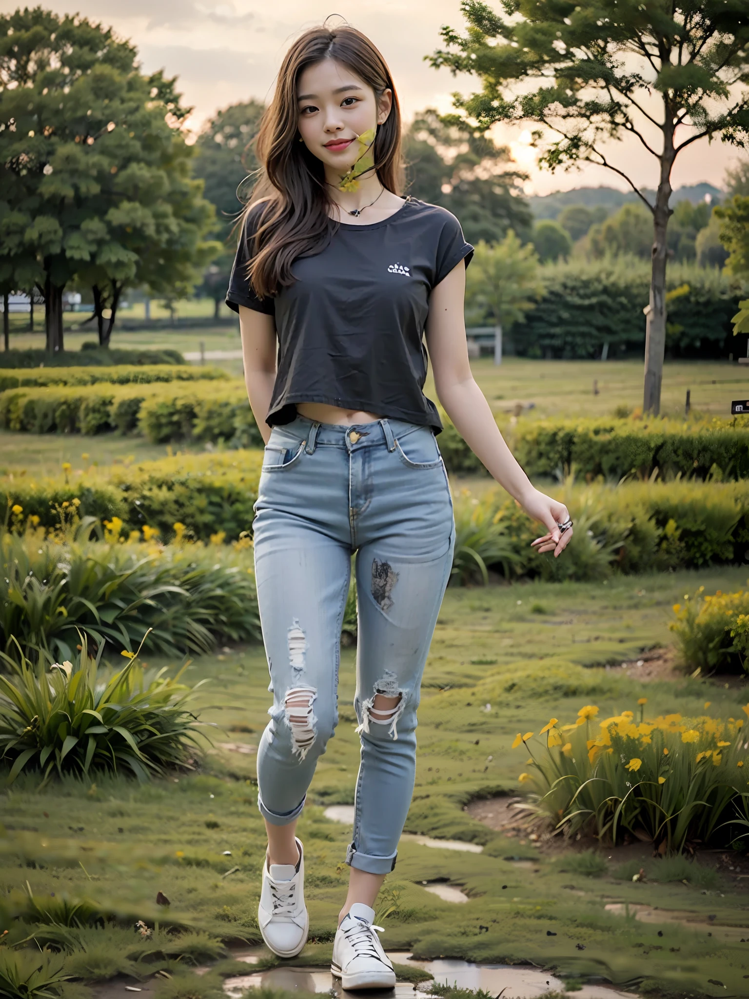 (best qualtiy:1.4),Complicated details,20 years old Korean girl,Wear a loose black T-shirt and skinny jeans,Stand on the grass and take pictures,Detailed meadow,A sweet smile on a small face,Ultra-realistic facial details,Playful and coquettish pose,The calves are straight and slender:1.2,Wear high-end branded colored canvas shoes:1.0,eventide:0.3,Broad lighting,naturalshadow:1.0,fully body photo:1.8