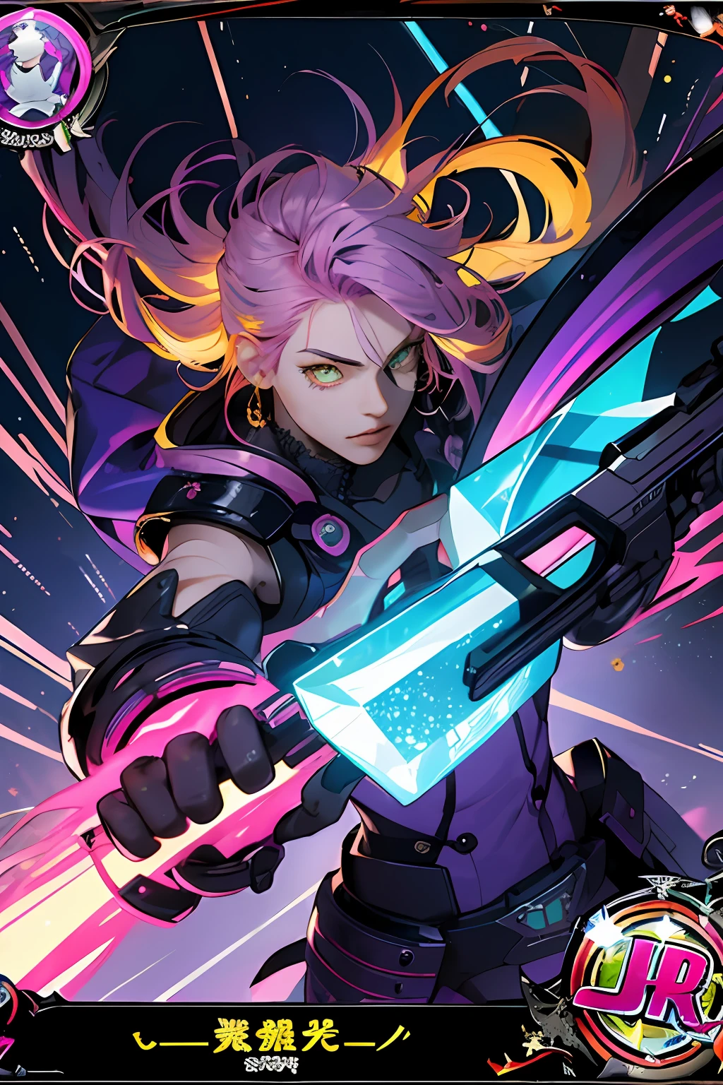 Best quality,colorful and vibrant,crystal clear, (trading card frame), neon lights, high contrast,shadows and highlights,Japanese-style,inspired by anime, slick design, intricate details, dynamic pose, (1 girl), sparkling eyes, (pink hair+purple hair+blue hair:1.3+yellow hair:1.2), exotic clothing, futuristic accessories, on a dark background.