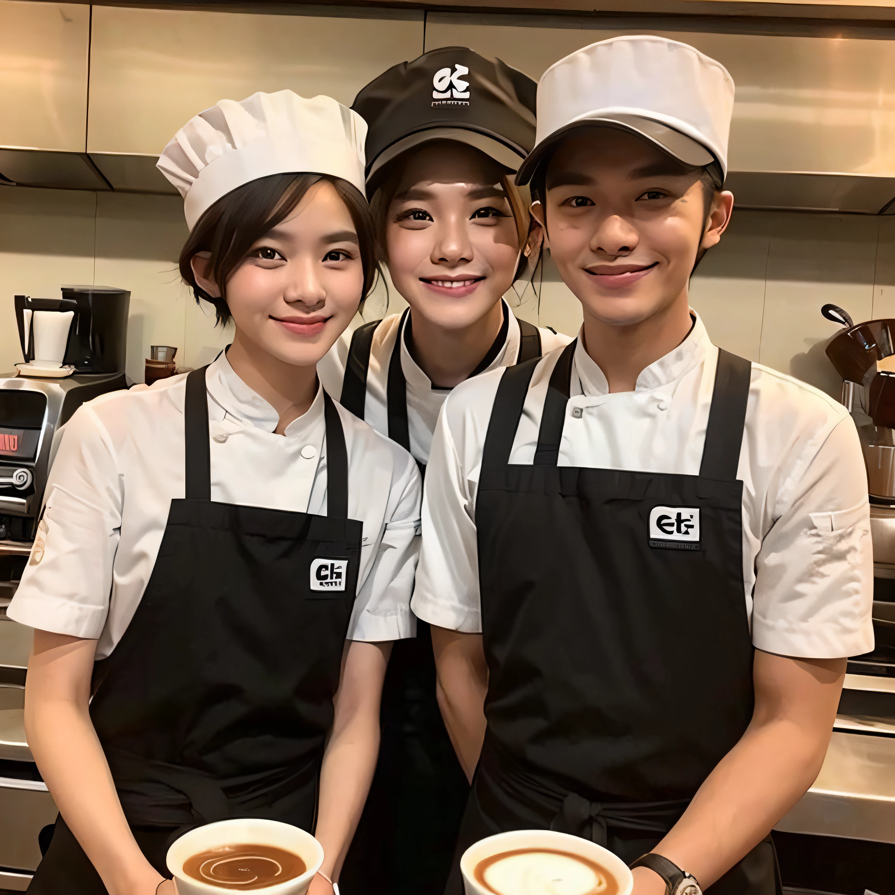 1 handsome men ,1 girl, 20 years old , short hair, Malaysian , work as Barista, chef wear ,((( wear chef hat))), works in a coffee shop , specializes in making coffee, cup of barista coffee