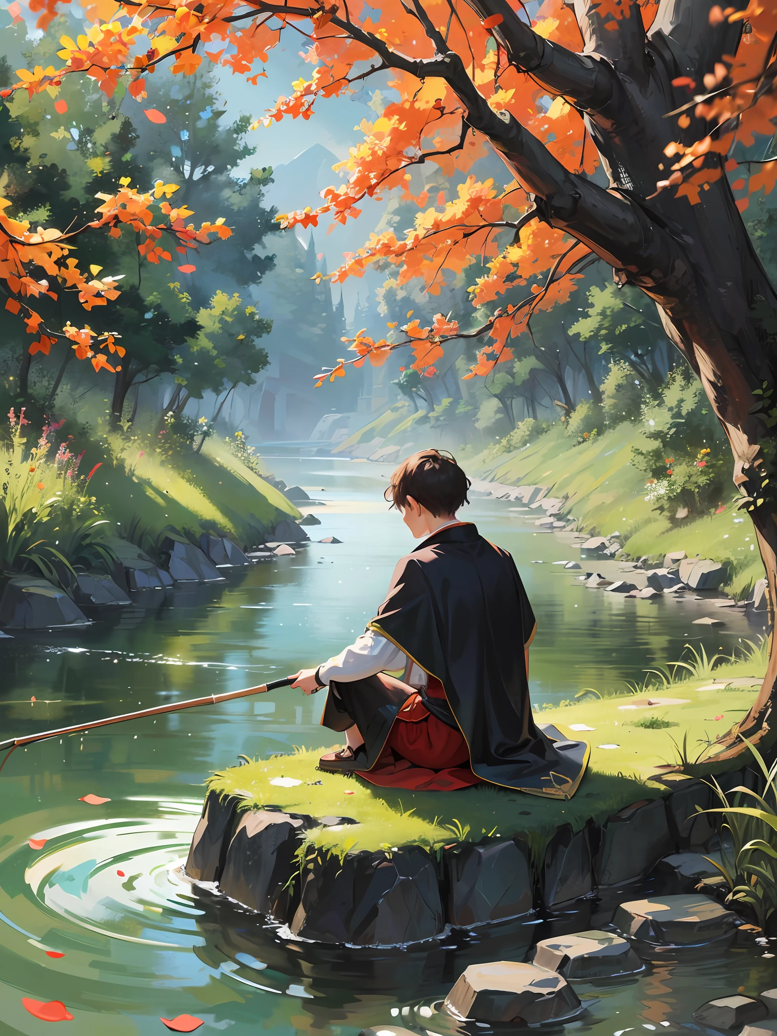 A man fishing in a cloak，Back Shadow，Sit by the river，Chinese ancient style of the Song Dynasty，tmasterpiece，Best quality at best，4K，8K，high qulity，A high resolution